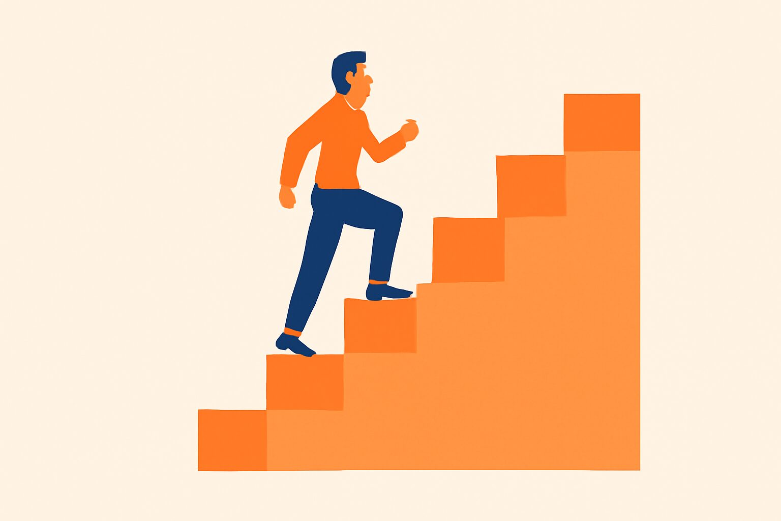 ステップアップしていく人物のフラットイラスト、階段状に1から5の段階を登っていくイメージ、オレンジとブルーの配色、テキス