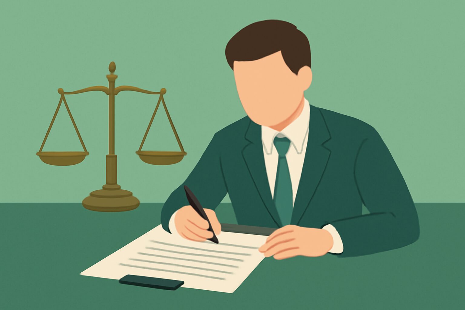 契約書にサインしているビジネスパーソンと法律の天秤のフラットイラスト、グリーン系カラー、テキストなし
