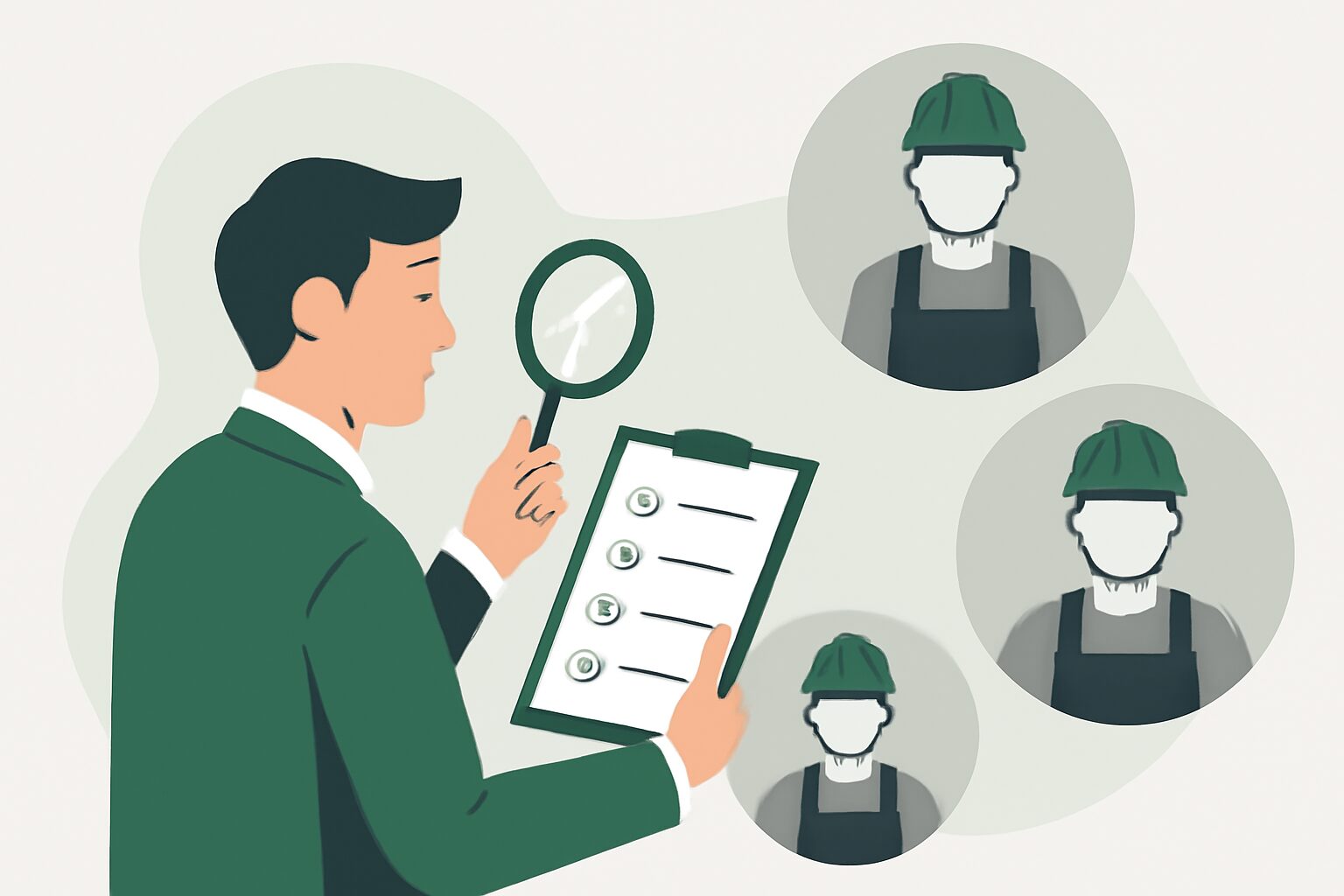 チェックリストとルーペを持つビジネスパーソンが業者を比較検討しているフラットイラスト、緑とグレーの配色、テキストなし