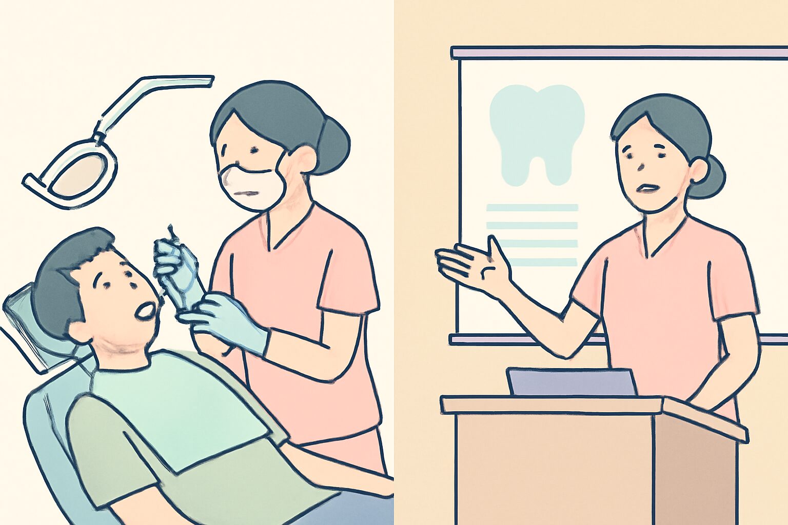 歯科クリニックで患者のケアをする歯科衛生士と、別の場面でセミナー登壇する歯科衛生士の2シーン構成のフラットイラスト、パス