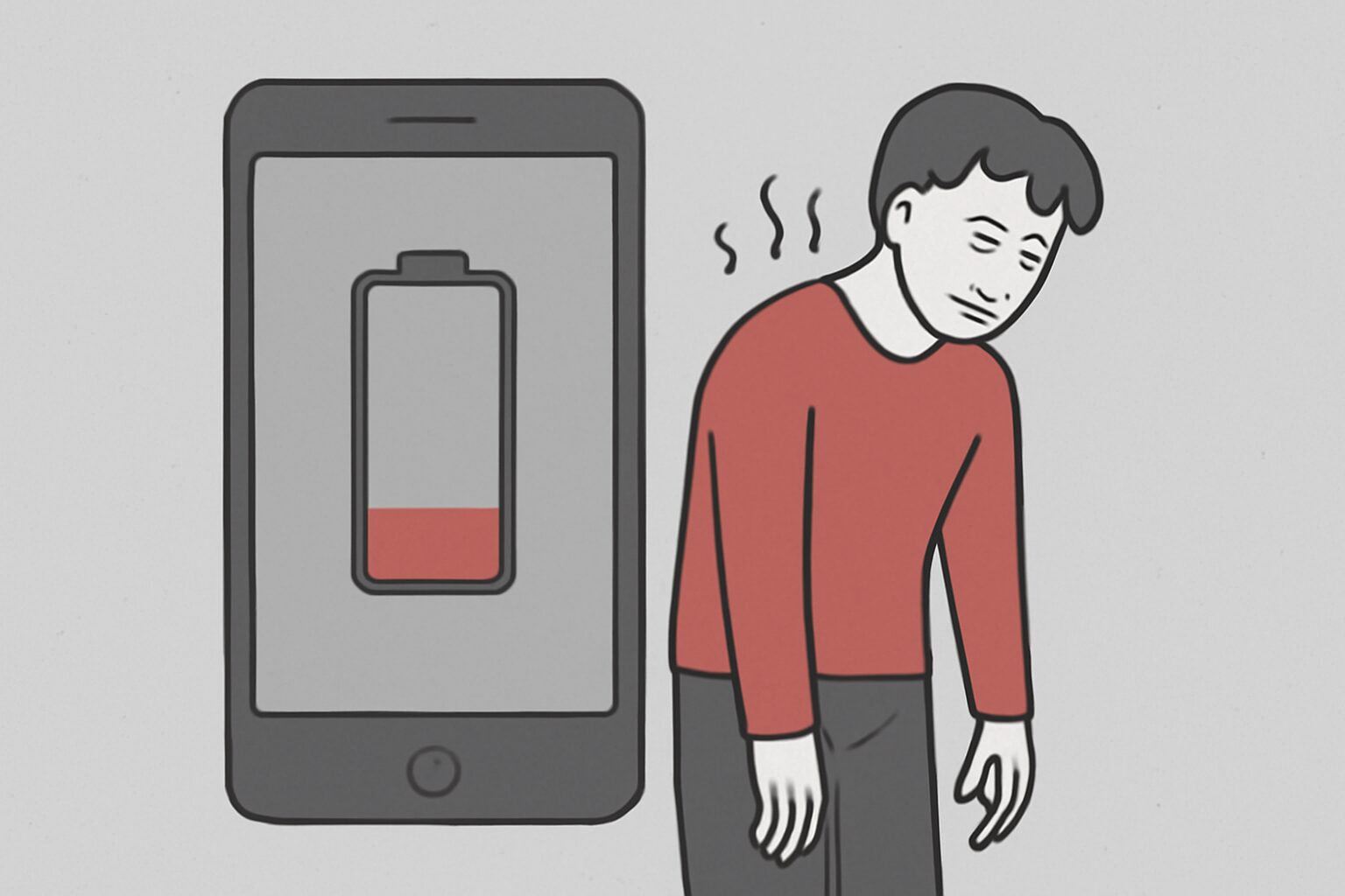 バッテリー残量がほぼゼロのスマートフォンと疲弊した人物を並べて描いたフラットイラスト、グレーと赤系、テキストなし