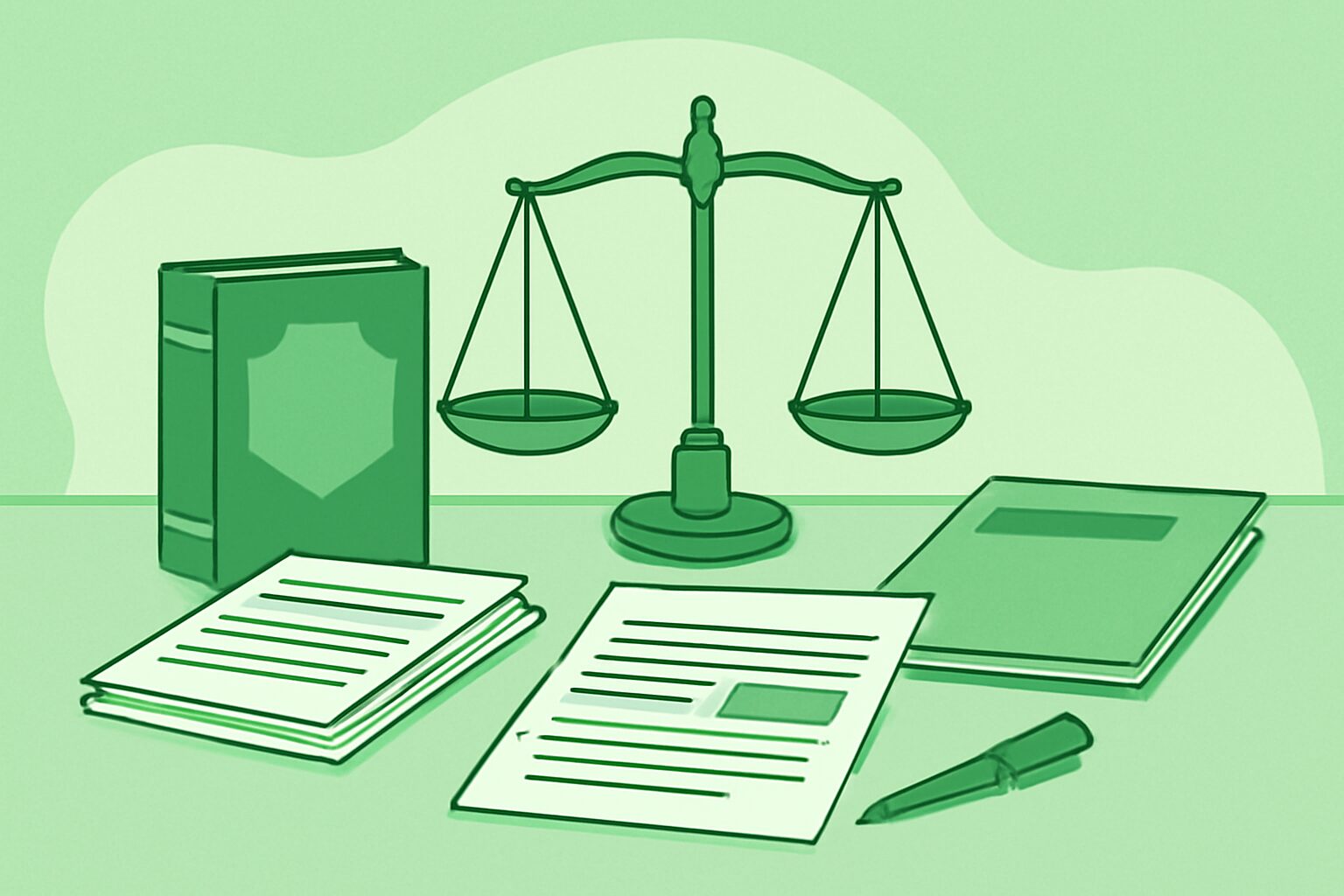 法律の天秤とビジネス書類が並ぶデスクのフラットイラスト、緑と白系カラー、テキストなし