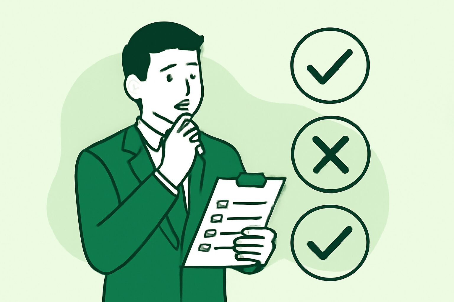 チェックリストを確認しながら選択肢を吟味しているビジネスパーソンのフラットイラスト、緑と白基調、テキストなし
