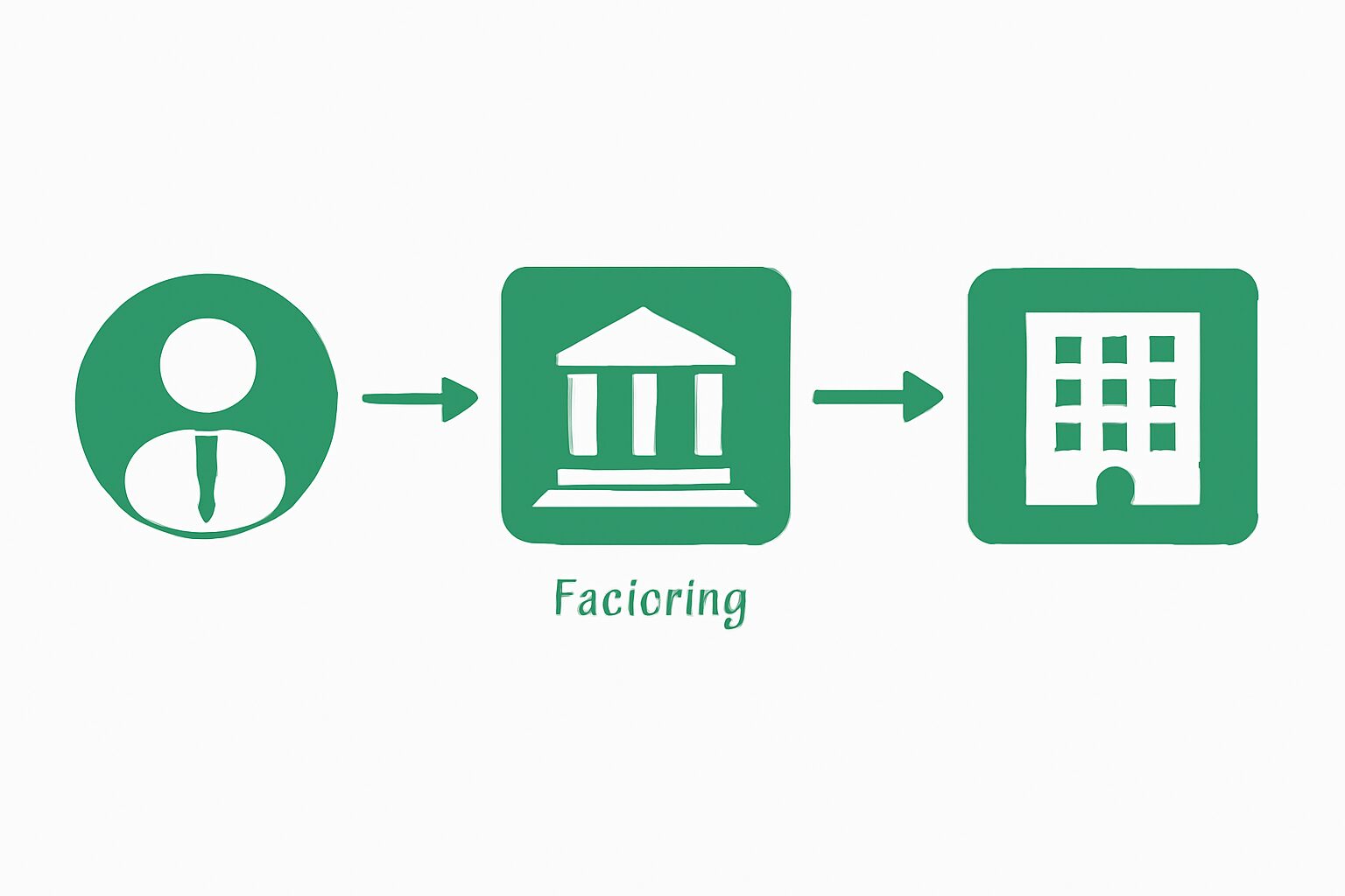 ファクタリングの取引フロー図解、利用者・ファクタリング会社・売掛先の3者を矢印でつなぐ概念図、フラットデザイン、緑と白基