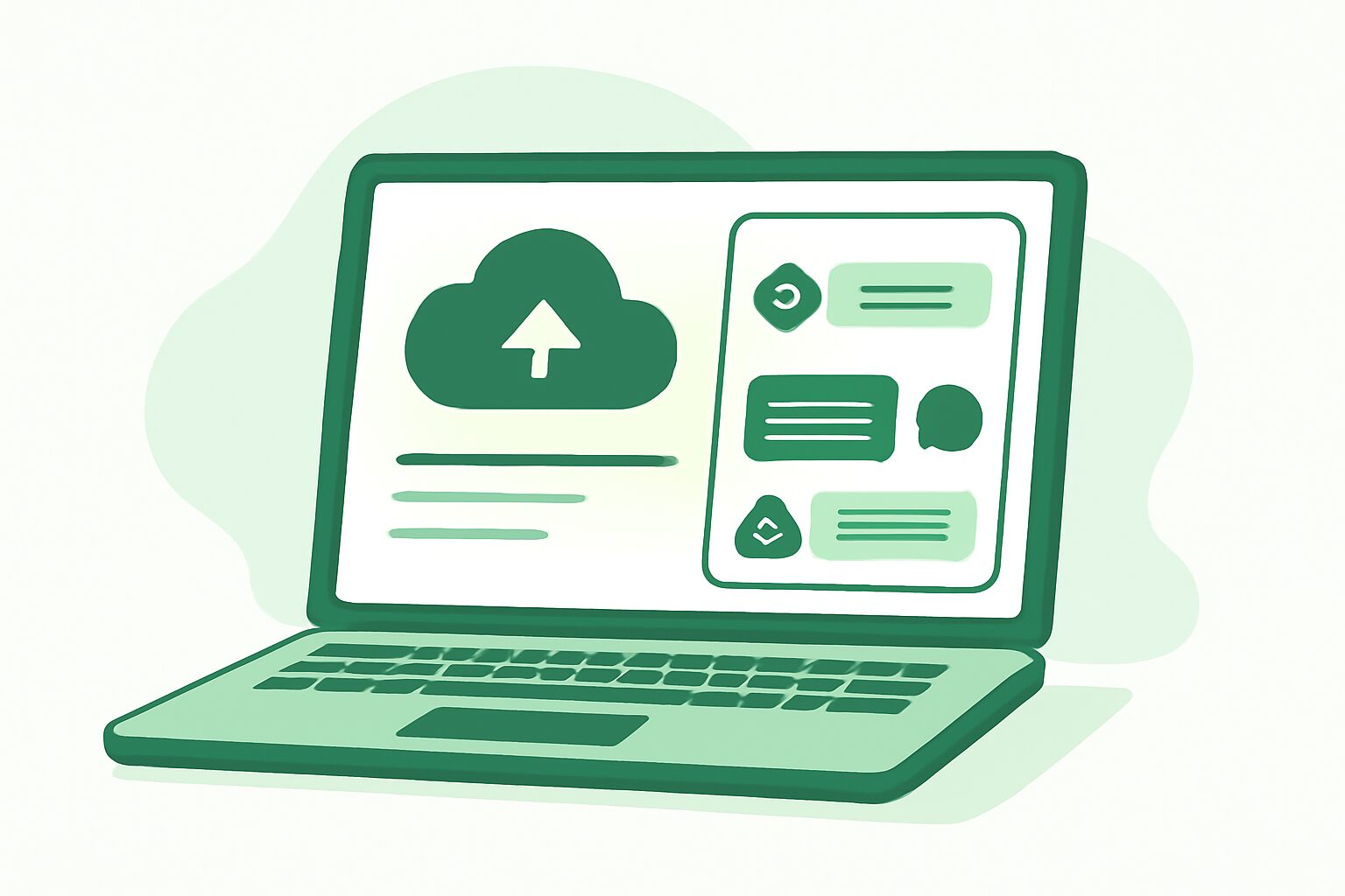 ノートパソコンの画面にクラウドソーシングサイトやチャットツールが表示されているフラットイラスト、緑と白基調、テキストなし