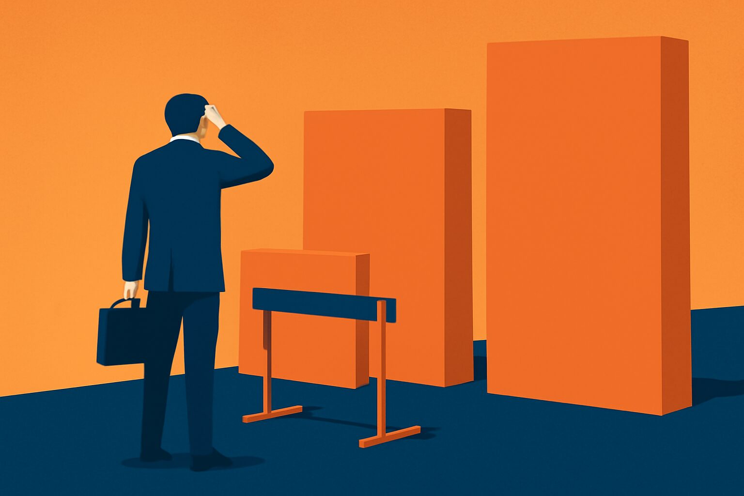 複数の壁やハードルを前に立ち止まるビジネスパーソンのフラットイラスト、オレンジと紺系カラー、テキストなし