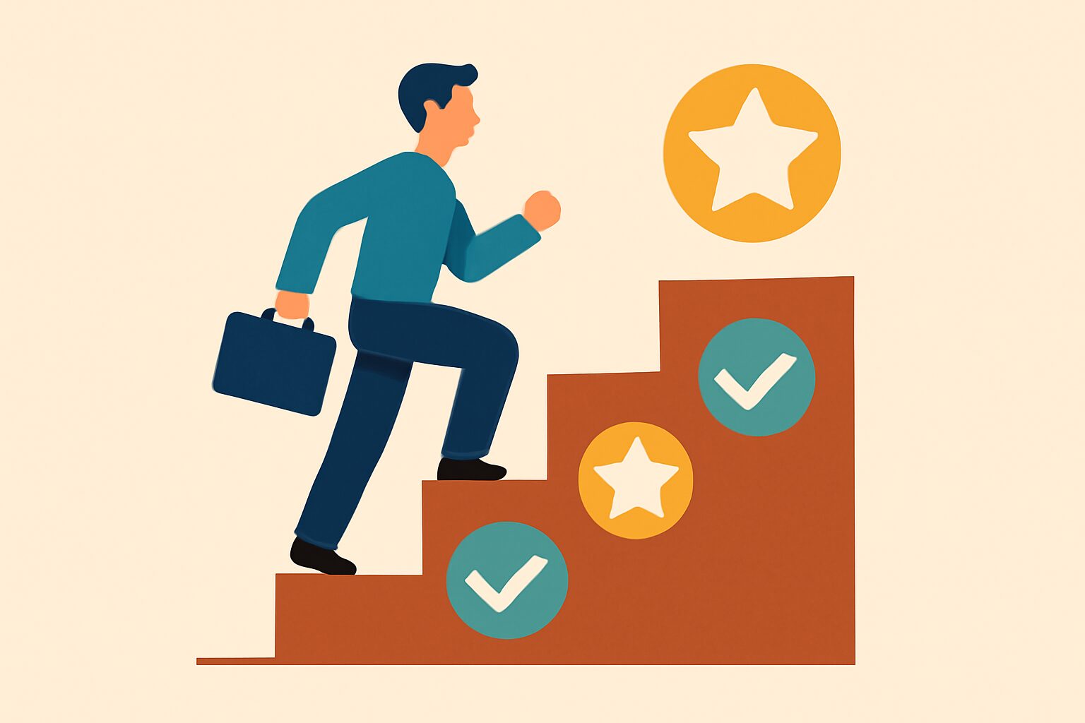 ステップアップを示す階段を上る人物のフラットイラスト、各段に星やチェックマークのアイコン、テキストなし