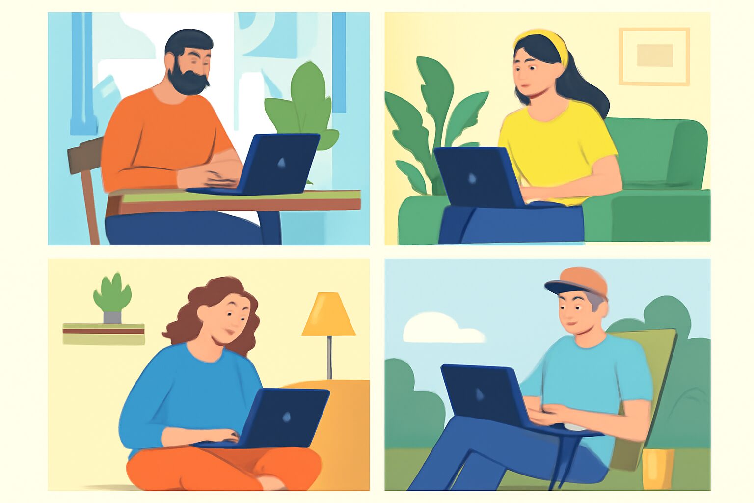 自由な働き方をするエンジニアたちのフラットイラスト、カフェや自宅など複数のワークスタイル、明るいカラー、テキストなし