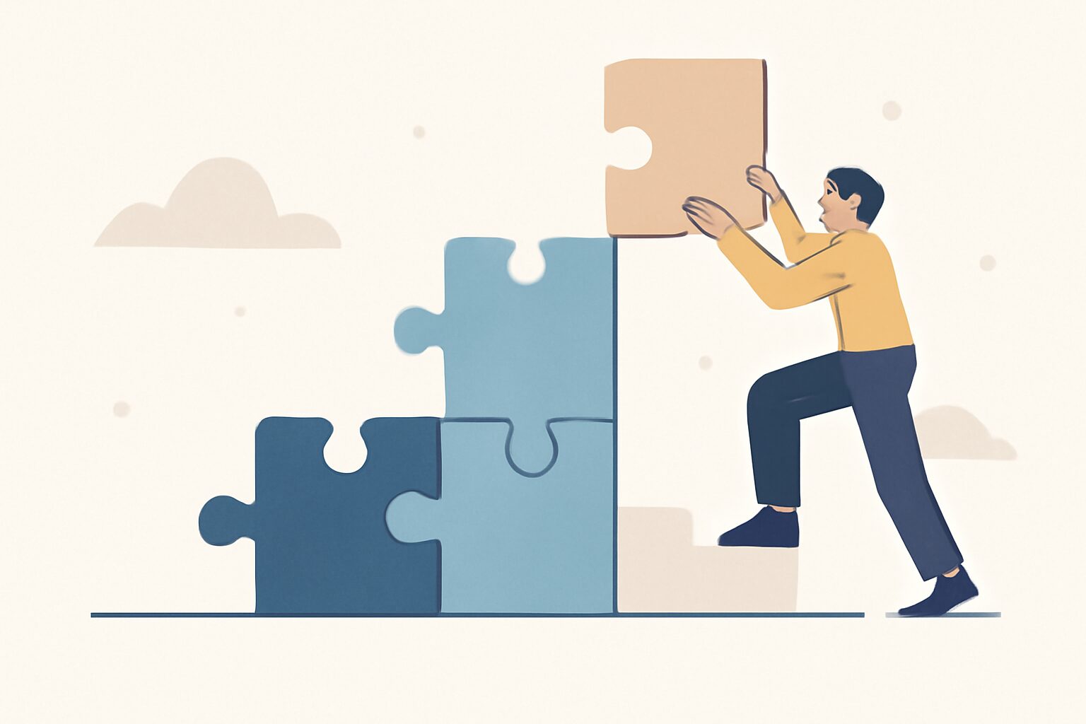 パズルのピースがはまっていくフラットイラスト、ステップアップをイメージ、テキストなし