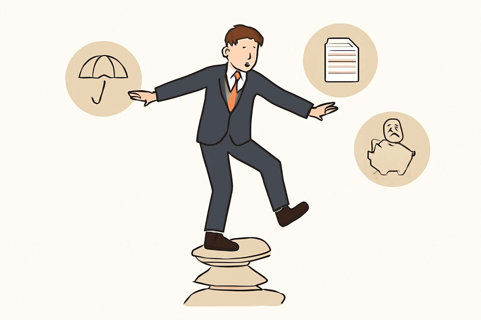 不安定な足場の上でバランスを取るビジネスパーソンのフラットイラスト、保険・税金・貯金のアイコン付き、テキストなし