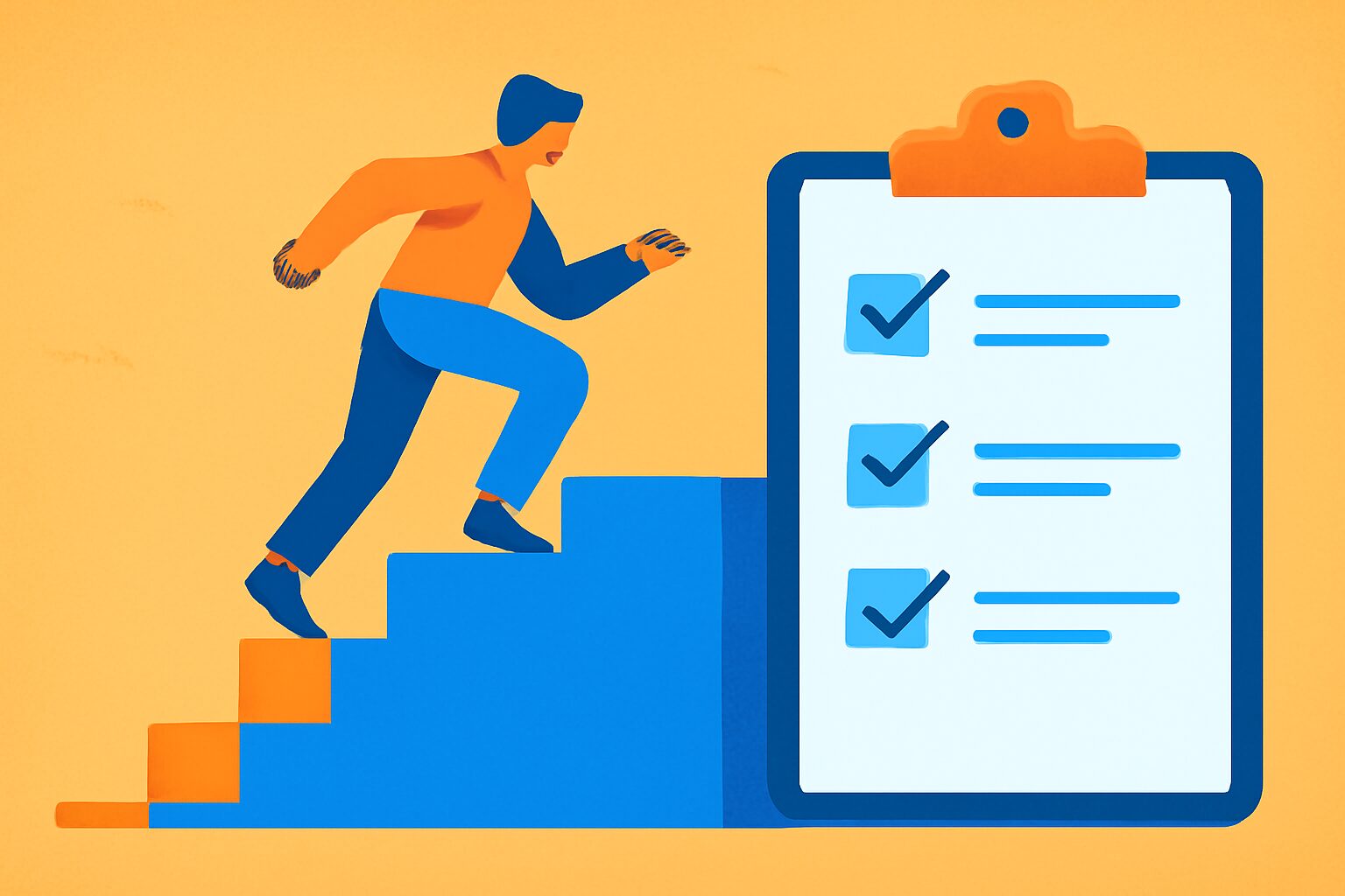 壁を乗り越えて上昇するイメージのフラットイラスト、階段とチェックリスト、明るいオレンジと青系カラー、テキストなし