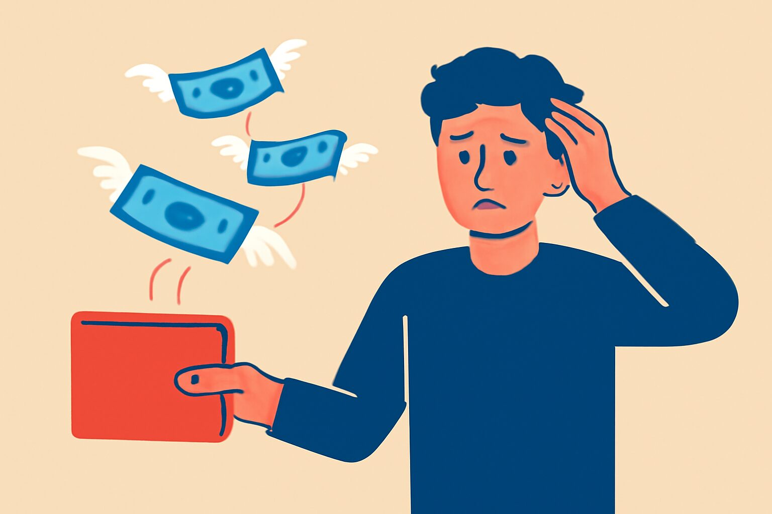 財布からお金が飛んでいく様子と困った表情の人物のフラットイラスト、赤と青の配色、テキストなし