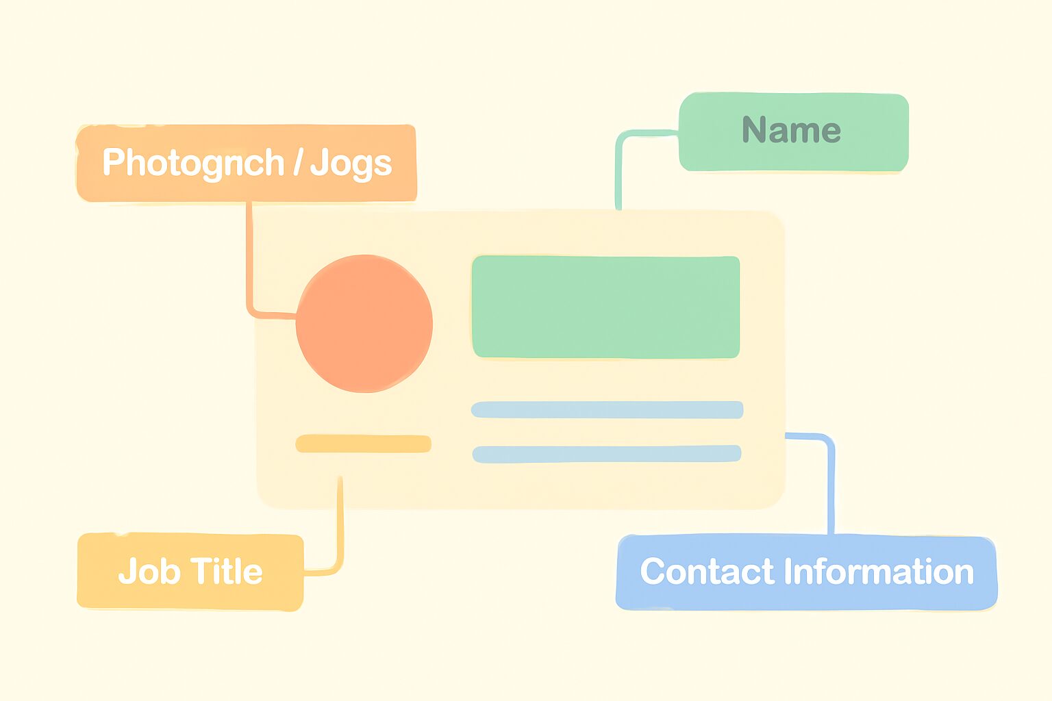 名刺のレイアウト構成を示すフラットなインフォグラフィック風イラスト、各要素がラベル付きで配置されている、パステルカラー、