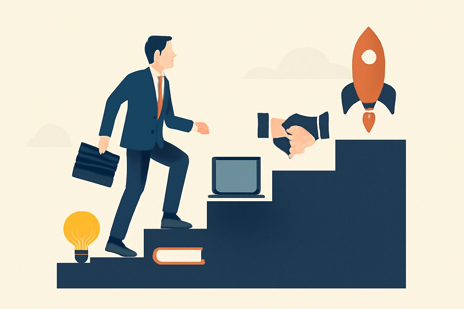 階段を1段ずつ登っていくビジネスパーソンのフラットイラスト、各段にアイコン（電球・本・パソコン・握手・ロケット）、テキス
