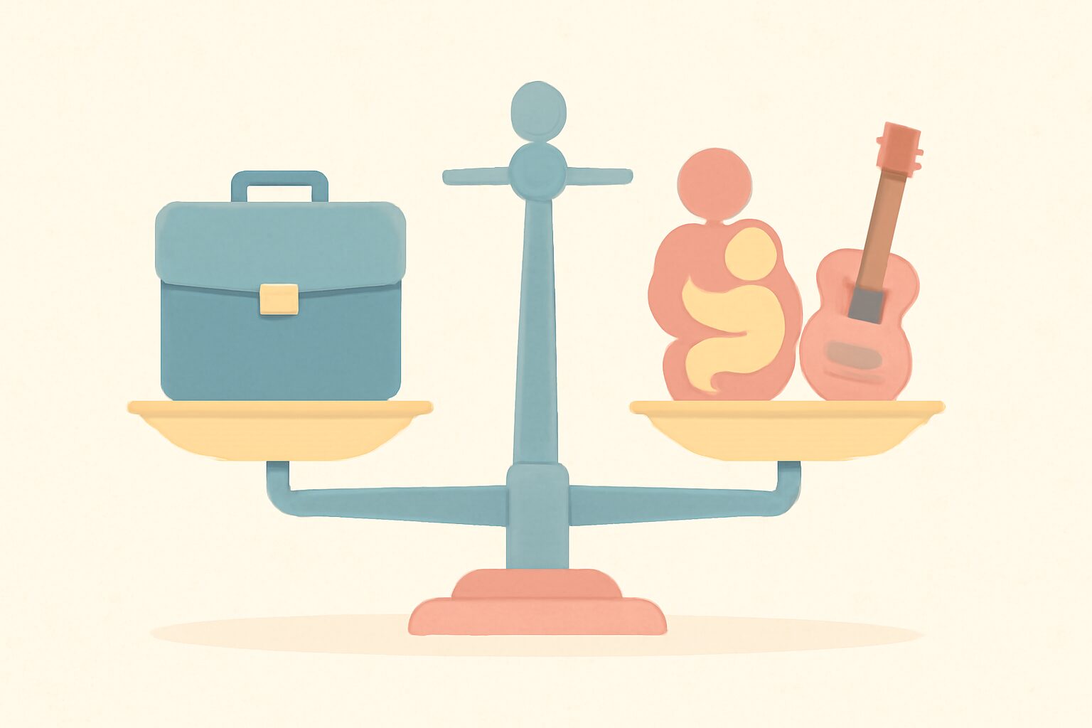 ワークライフバランスを表現したインフォグラフィック風イラスト、仕事・育児・趣味のアイコンが天秤に乗っている構図、パステル