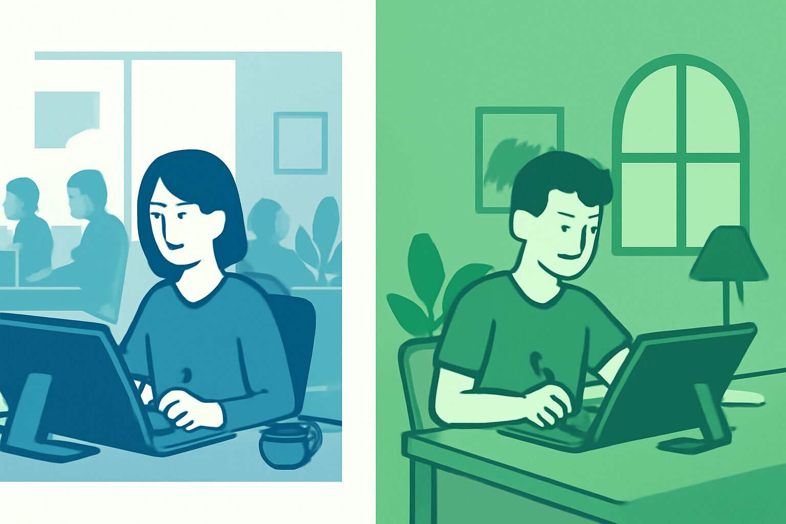 オフィスで働くイラストレーターと自宅で作業するフリーランスイラストレーターを左右に対比したフラットイラスト、青と緑の2色