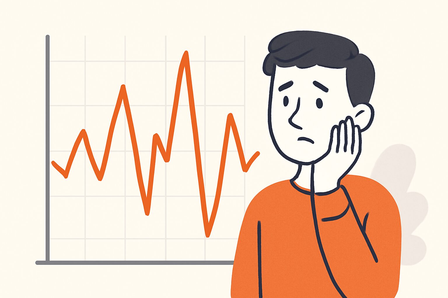 折れ線グラフが上下に激しく動く様子とその横で不安そうに見つめる人物のフラットイラスト、オレンジ・グレー基調、テキストなし