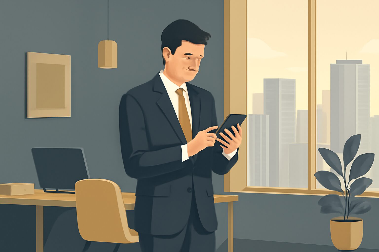 高層ビルの一室でスマートフォンを操作するビジネスパーソンのフラットイラスト。洗練されたオフィス環境、グレーとゴールドのカ