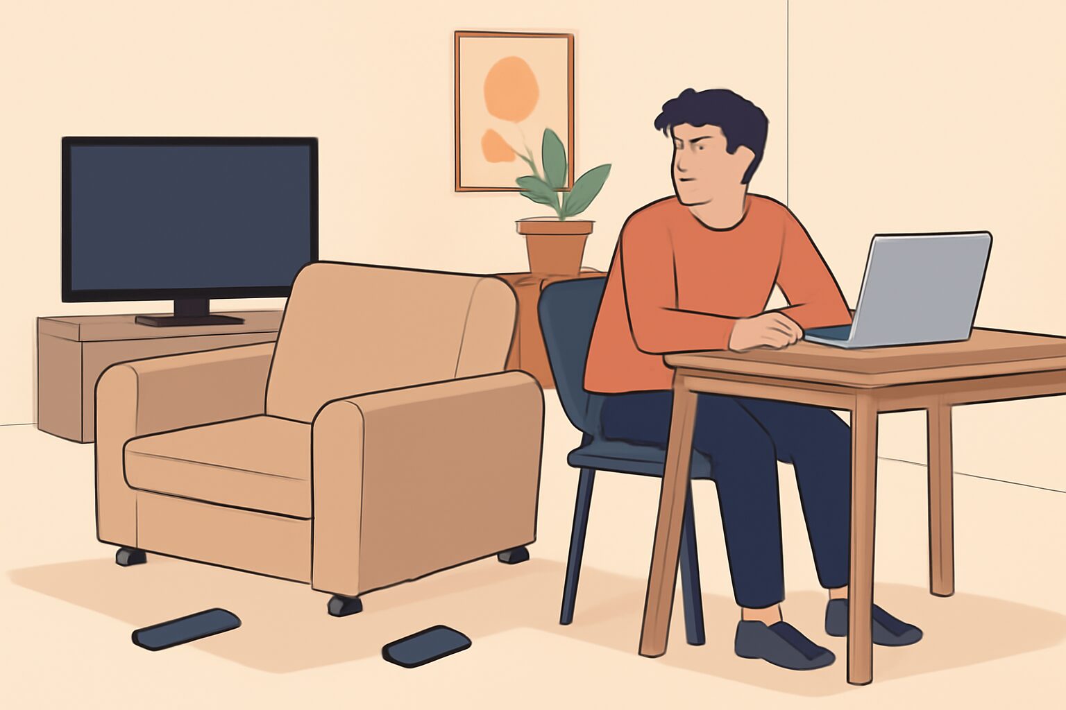 自宅のリビングでソファの誘惑に負けそうになりながらデスクに向かう人物のフラットイラスト、テレビやスマホが散らばっている、
