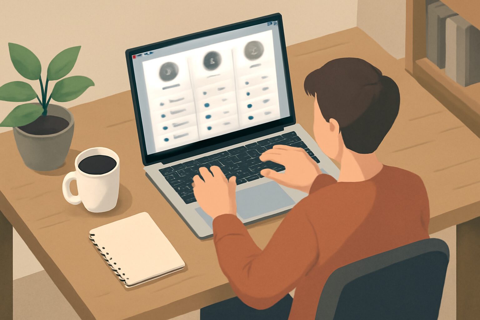 フリーランスがパソコン画面でエージェント比較表をチェックしているシーン。テーブルにコーヒーカップとメモ帳が置かれたホーム