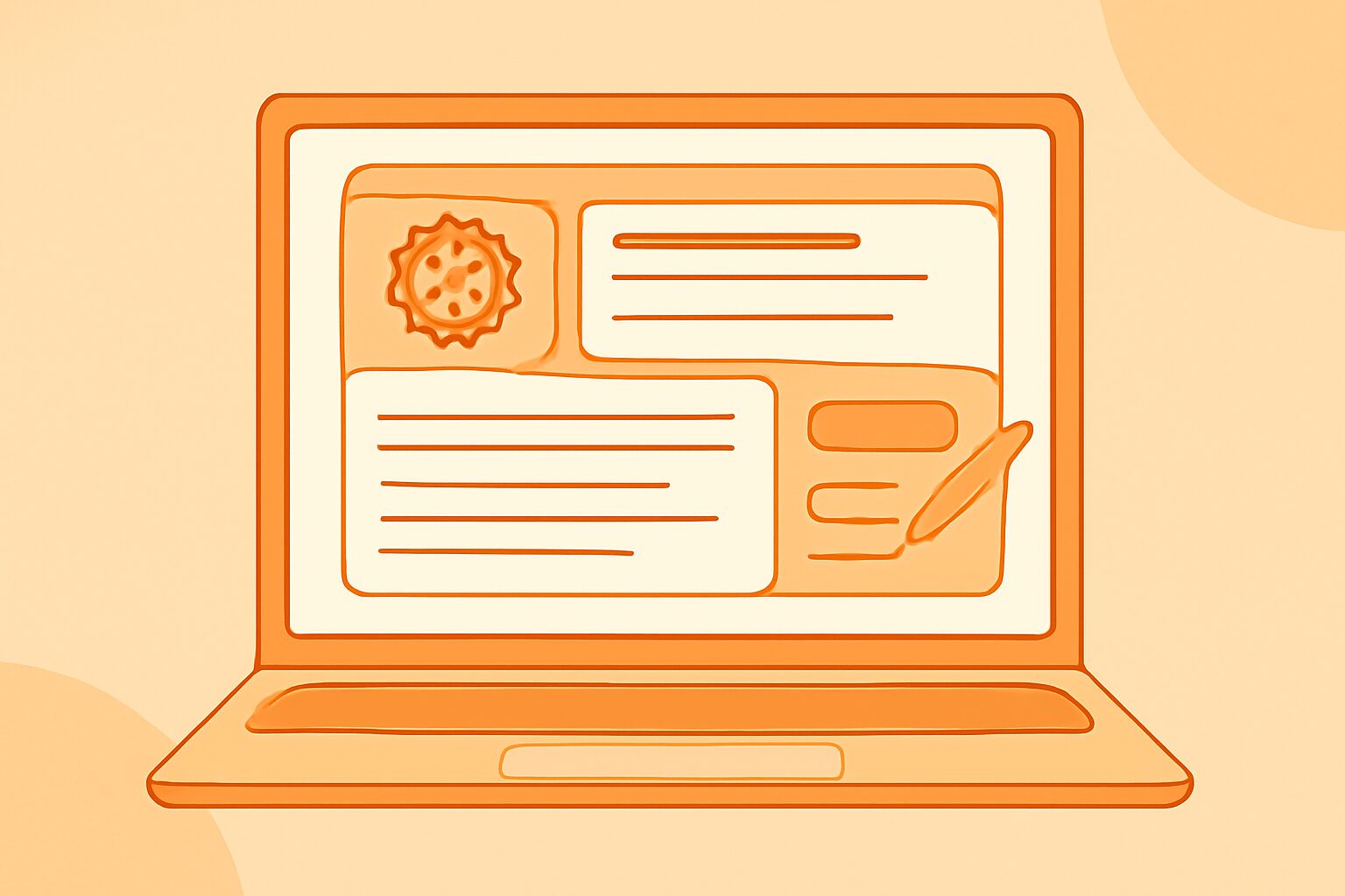 ノートパソコンの画面にAIライティングツールのダッシュボードが表示されているシーンのフラットイラスト、オレンジとホワイト