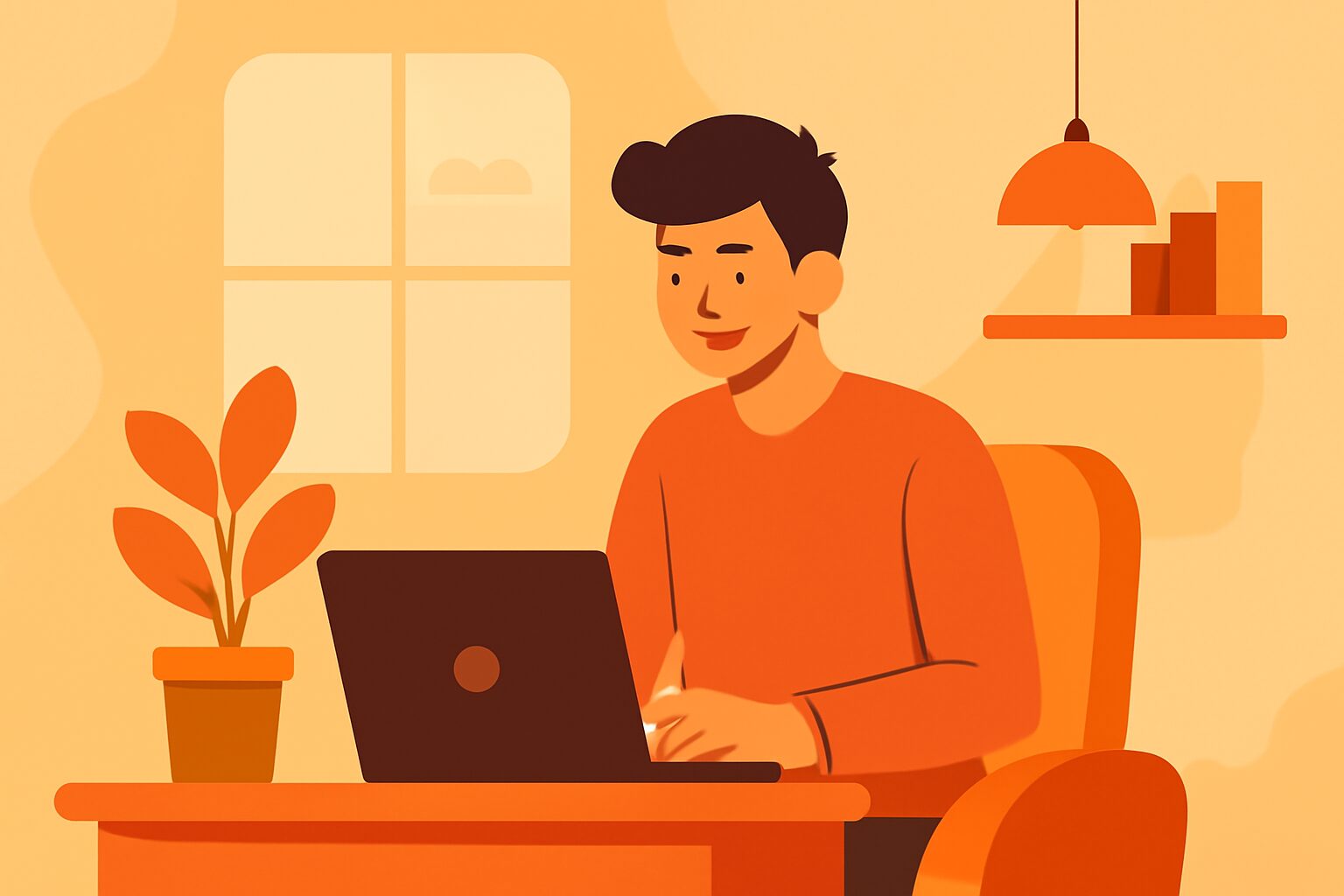 自宅でノートパソコンを開いて副業をしている人物のフラットイラスト、暖色系カラー、テキストなし