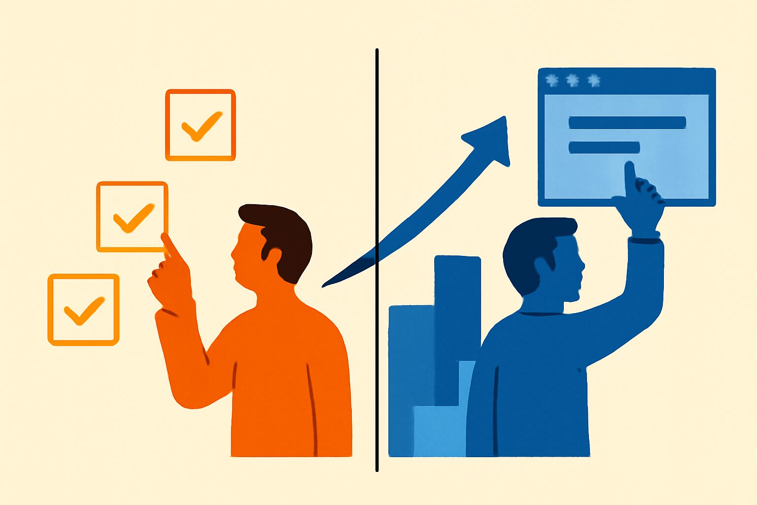 タスク形式とプロジェクト形式を比較するインフォグラフィック風のフラットイラスト、オレンジと青の2色構成、矢印でステップア