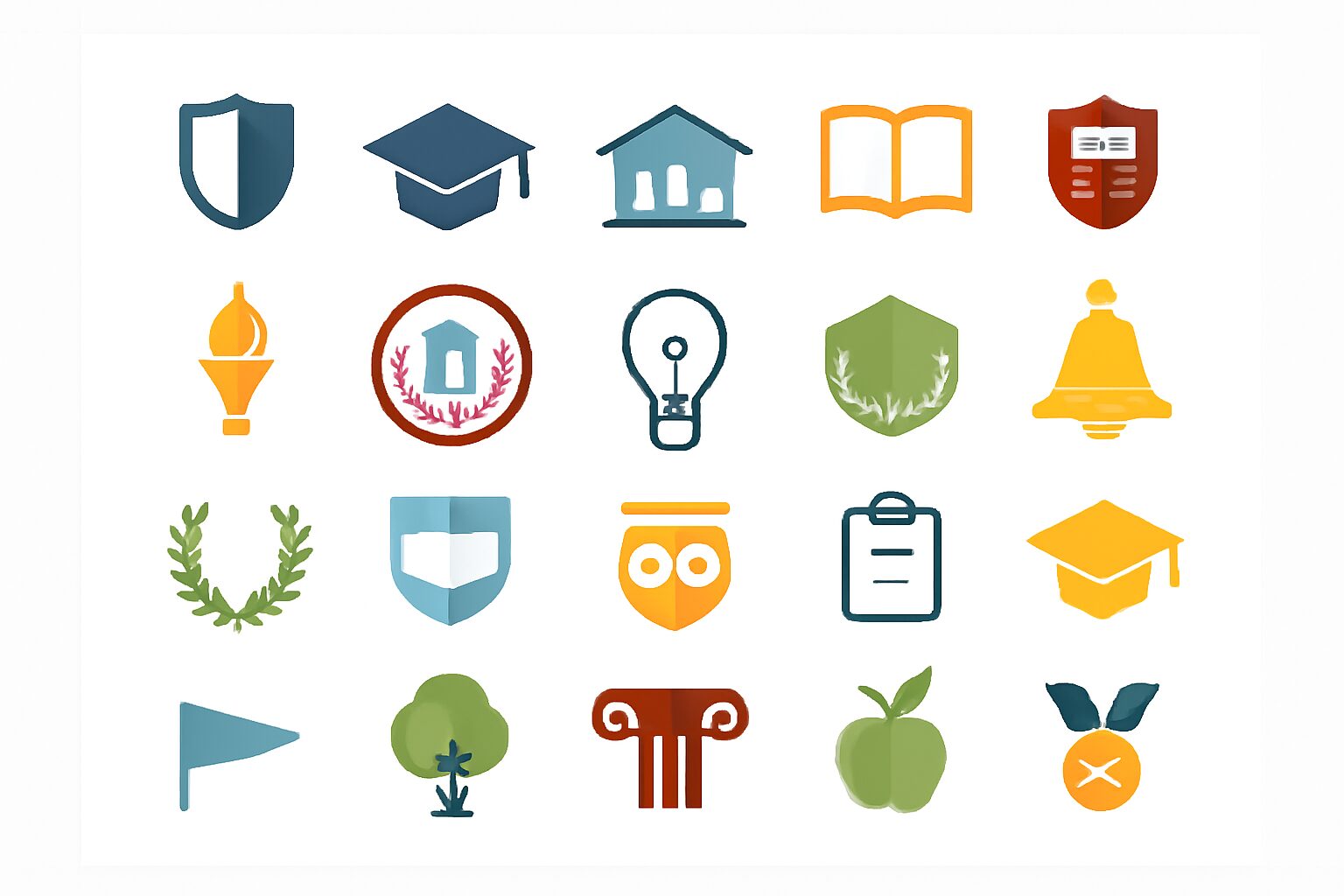 18個のスクールロゴが並ぶ比較表のイメージ図、スッキリしたフラットデザイン、白背景に各スクールを代表するアイコンが格子状