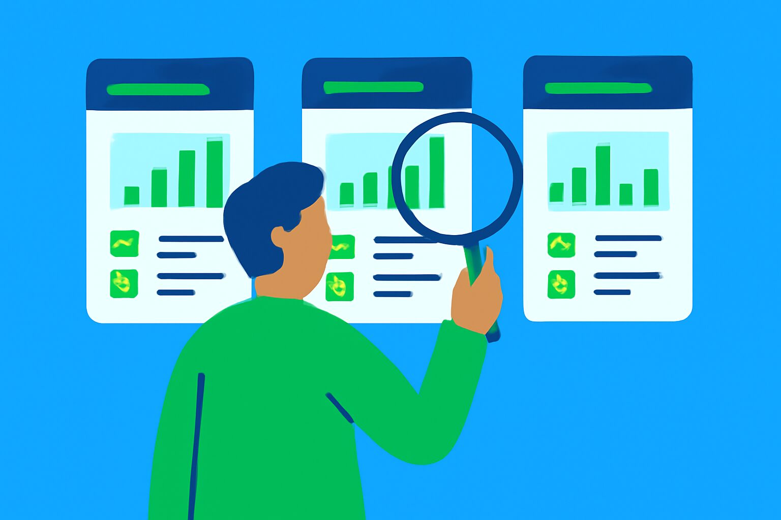 複数のプロジェクトカードを虫眼鏡で比較検討している人物のフラットイラスト、明るい青と緑のカラースキーム、テキストなし