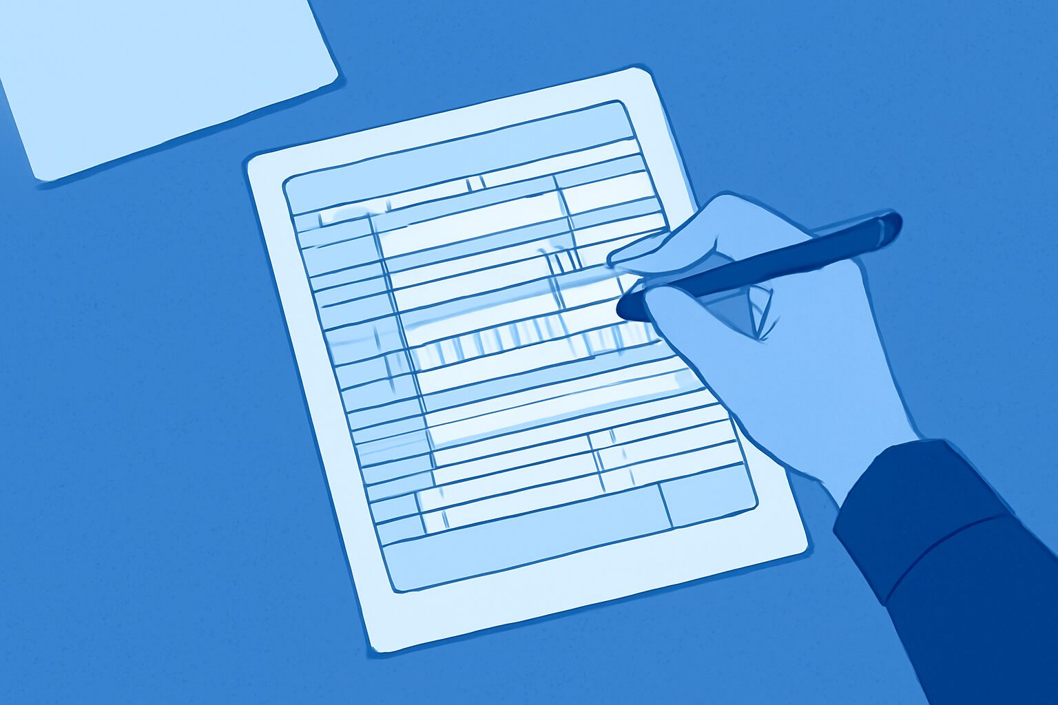 開業届（個人事業の開業届出書）の用紙を記入している手元のフラットイラスト、ペン・書類・デスクが描かれた俯瞰構図、青系カラー、テキストなし