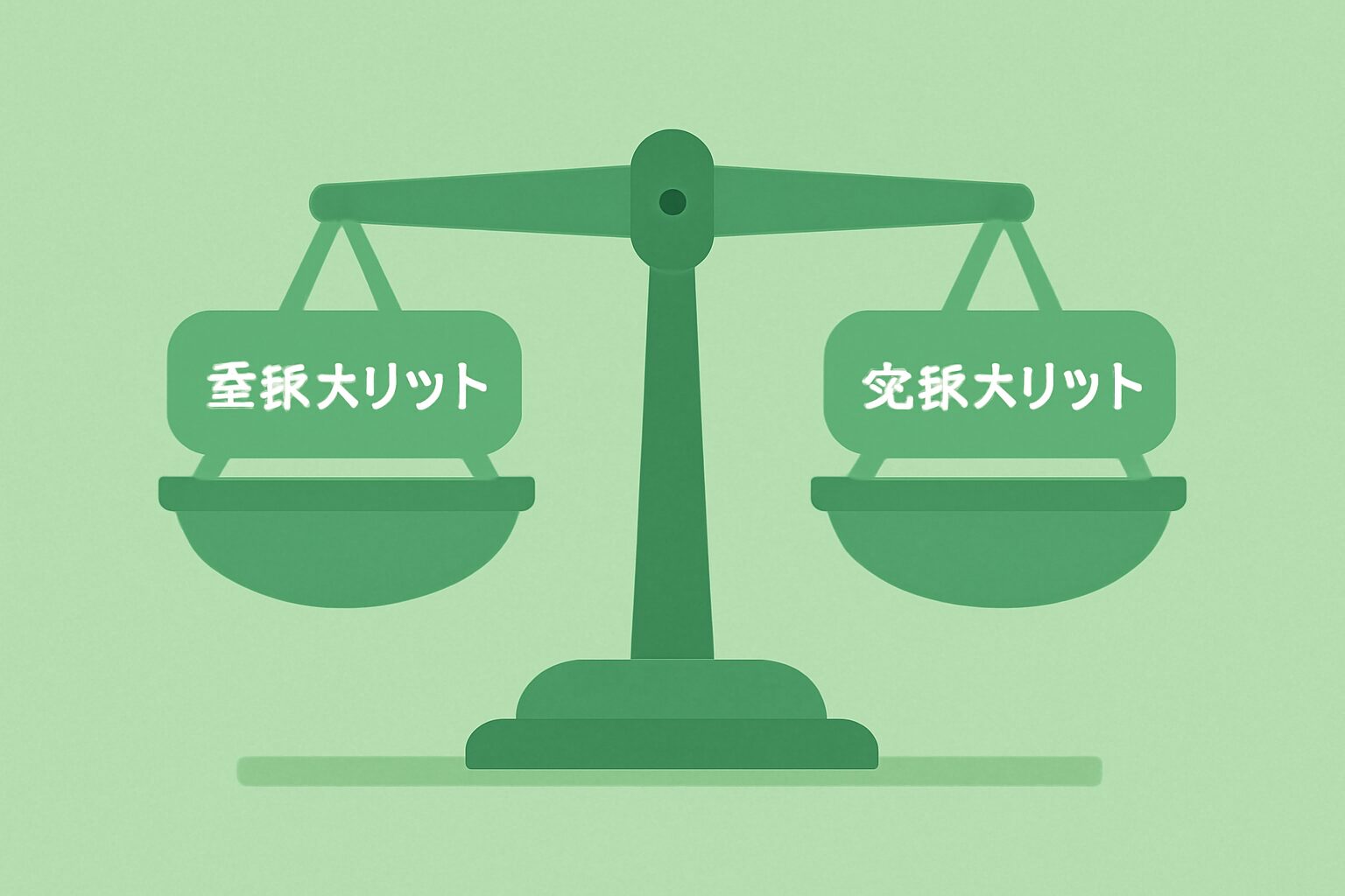 天秤ばかりの片方に登録メリット、もう片方に免税メリットが乗っているフラット図解、緑系カラー、テキストなし