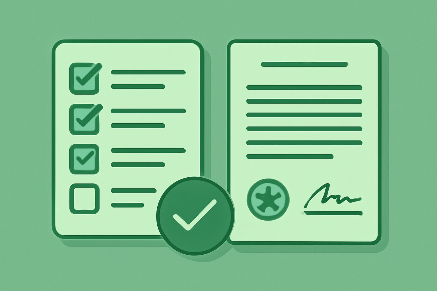 チェックリストと契約書が並んでいるフラットイラスト、グリーン系カラー、テキストなし