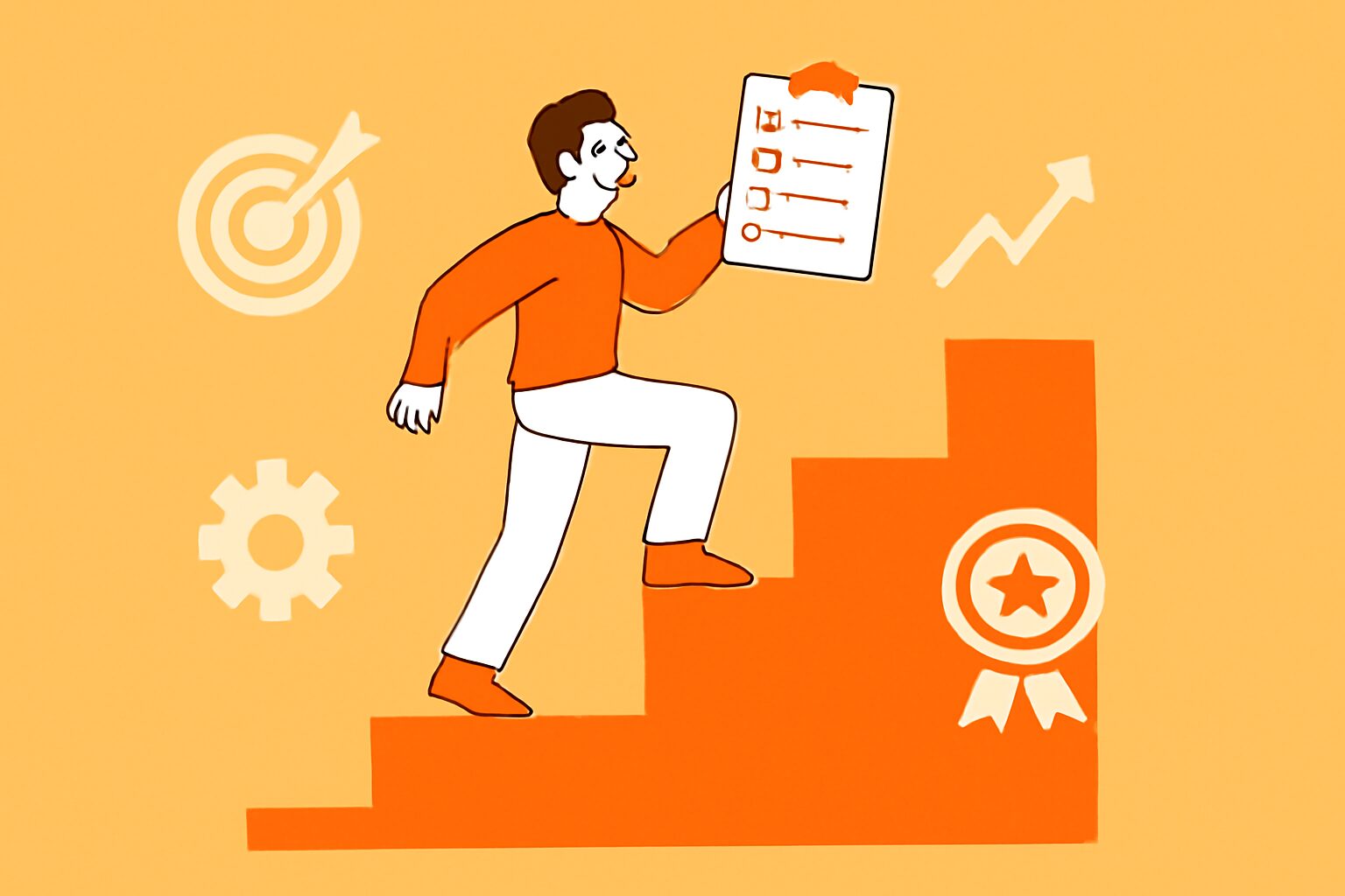 チェックリストを手にステップアップする人物のフラットイラスト、5つのアイコン付き、オレンジと白の配色、テキストなし