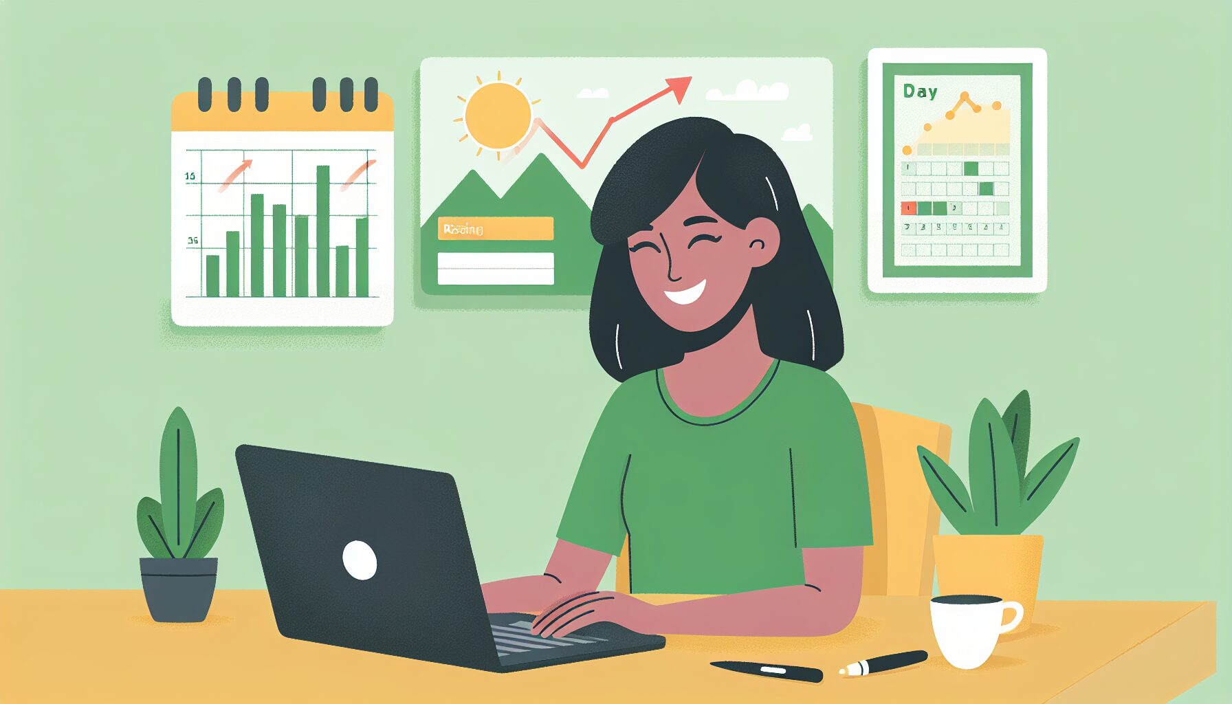 ノートパソコンの前で笑顔で作業している人物のフラットイラスト、背景にカレンダーと右肩上がりのグラフ、グリーンとイエローの