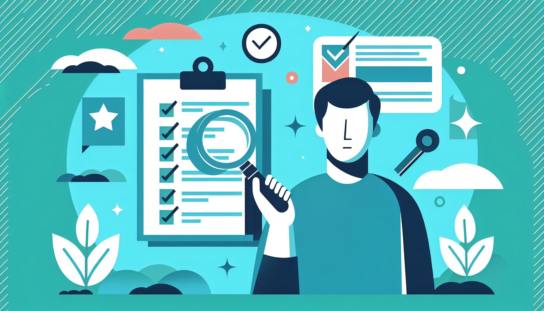 チェックリストと虫眼鏡を持つ人物のフラットイラスト、ティール系カラー、テキストなし