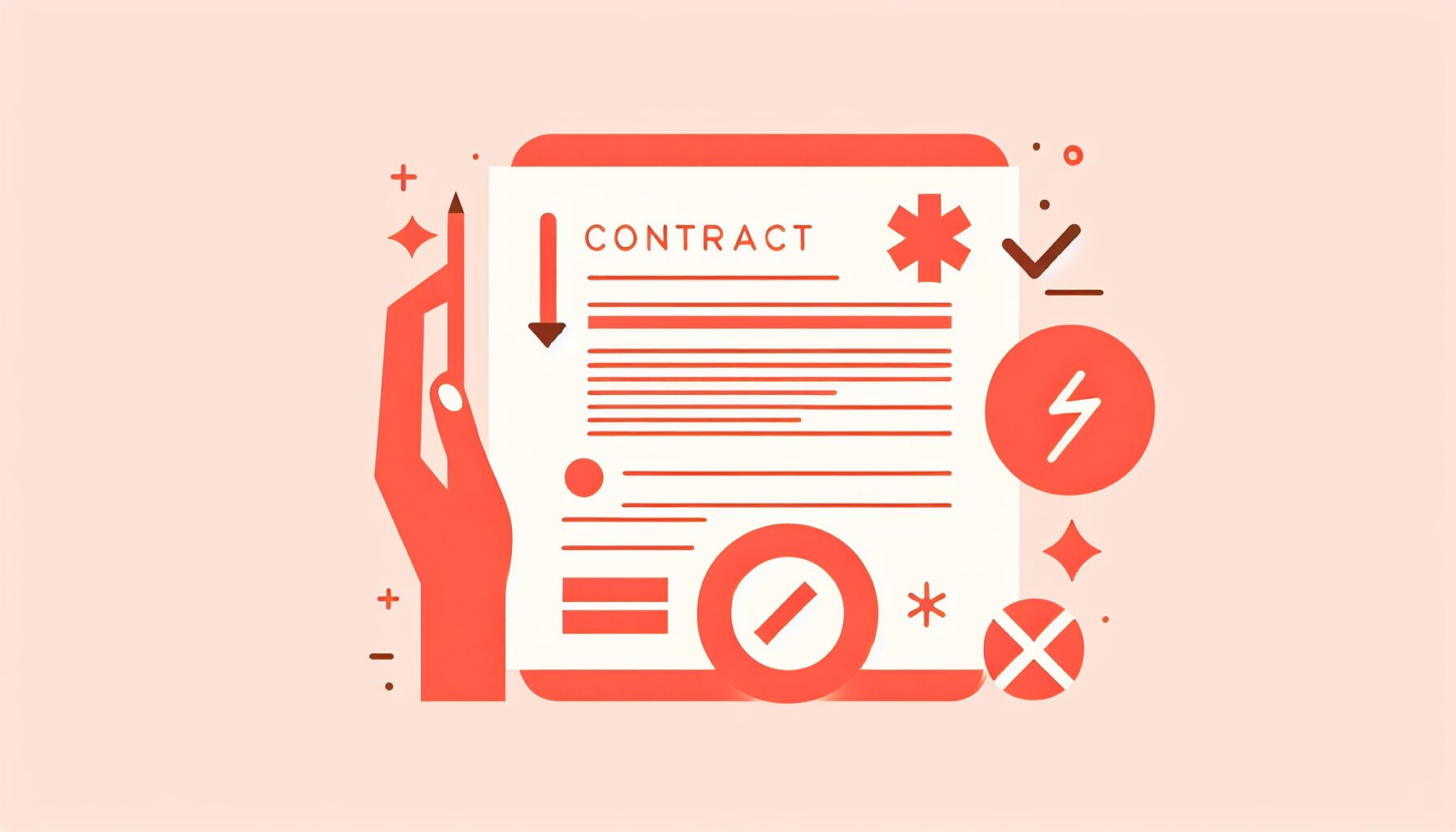 契約書とトラブルマークを組み合わせたフラットイラスト、コーラル系カラー、テキストなし