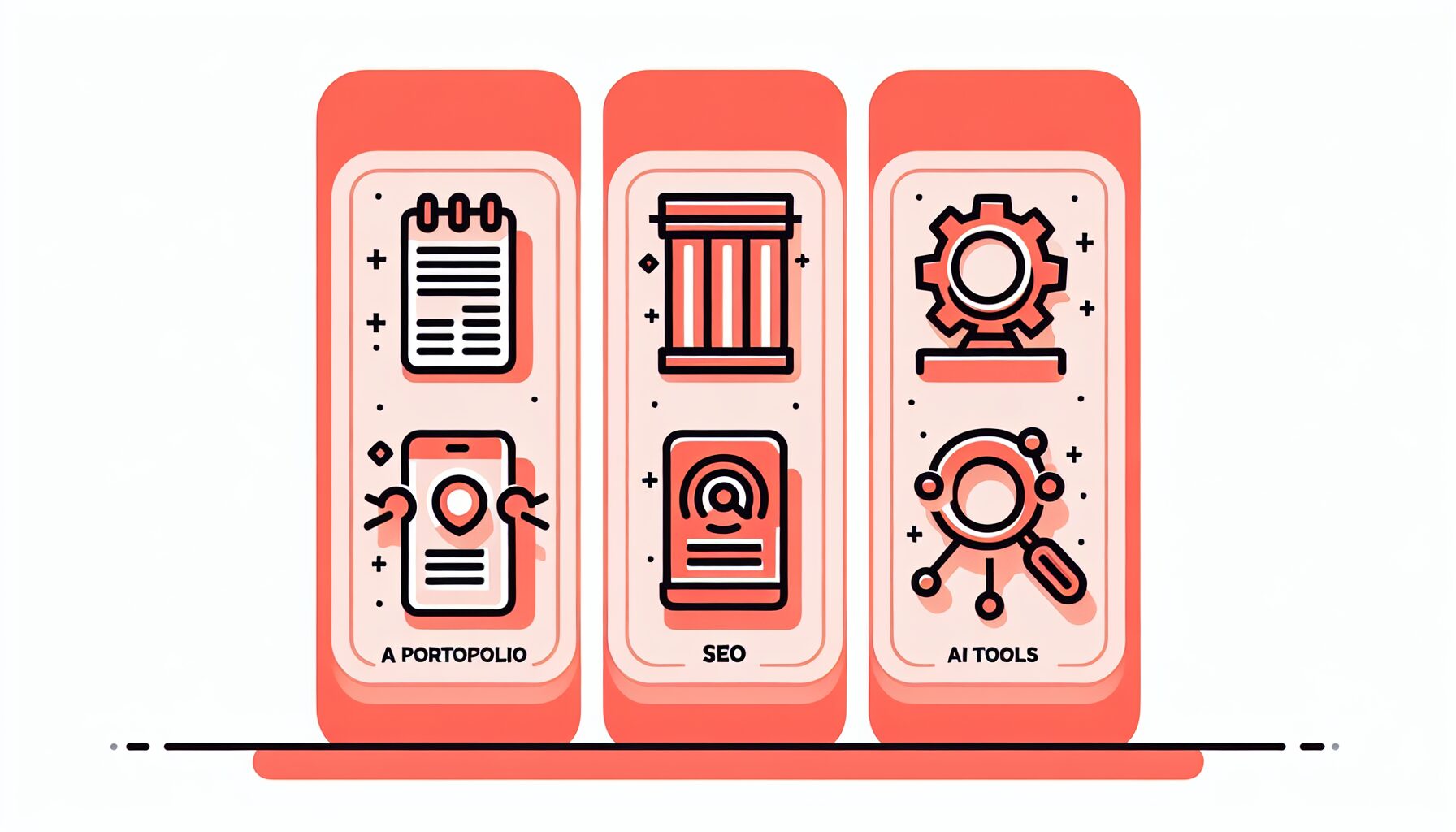 ポートフォリオ・SEO実践・AIツールの3つの柱をシンプルなアイコンで表現したフラットイラスト、コーラル系カラー、テキス