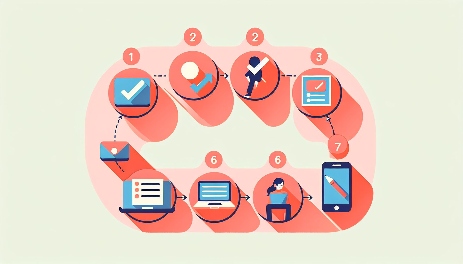5つのチェックポイントを順番に示すステップ図のフラットイラスト、コーラル系カラー、テキストなし