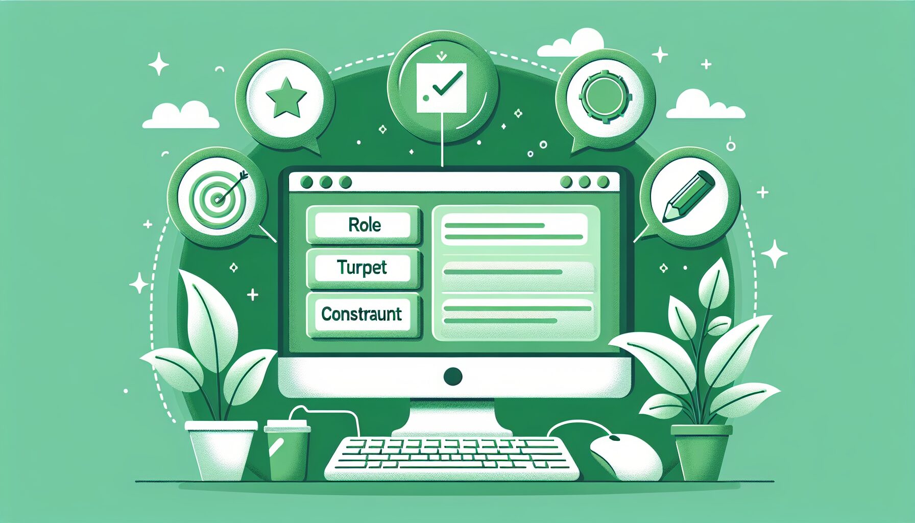 パソコン画面にプロンプト入力画面が表示され、5つの要素(役割・ターゲット・目的・制約・出力形式)が吹き出しで示されたフラ