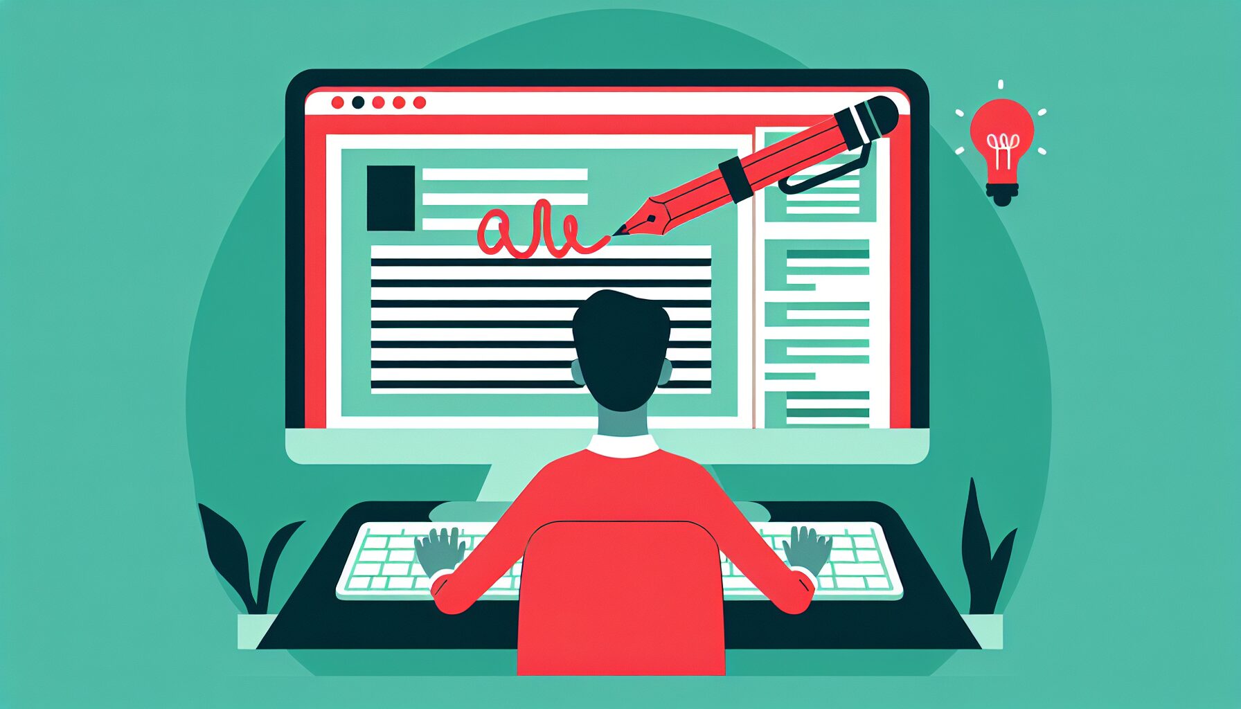 人間がパソコンで文章を編集している様子、画面上に赤ペンの修正マークが入ったフラットイラスト、グリーン系カラー、テキストな