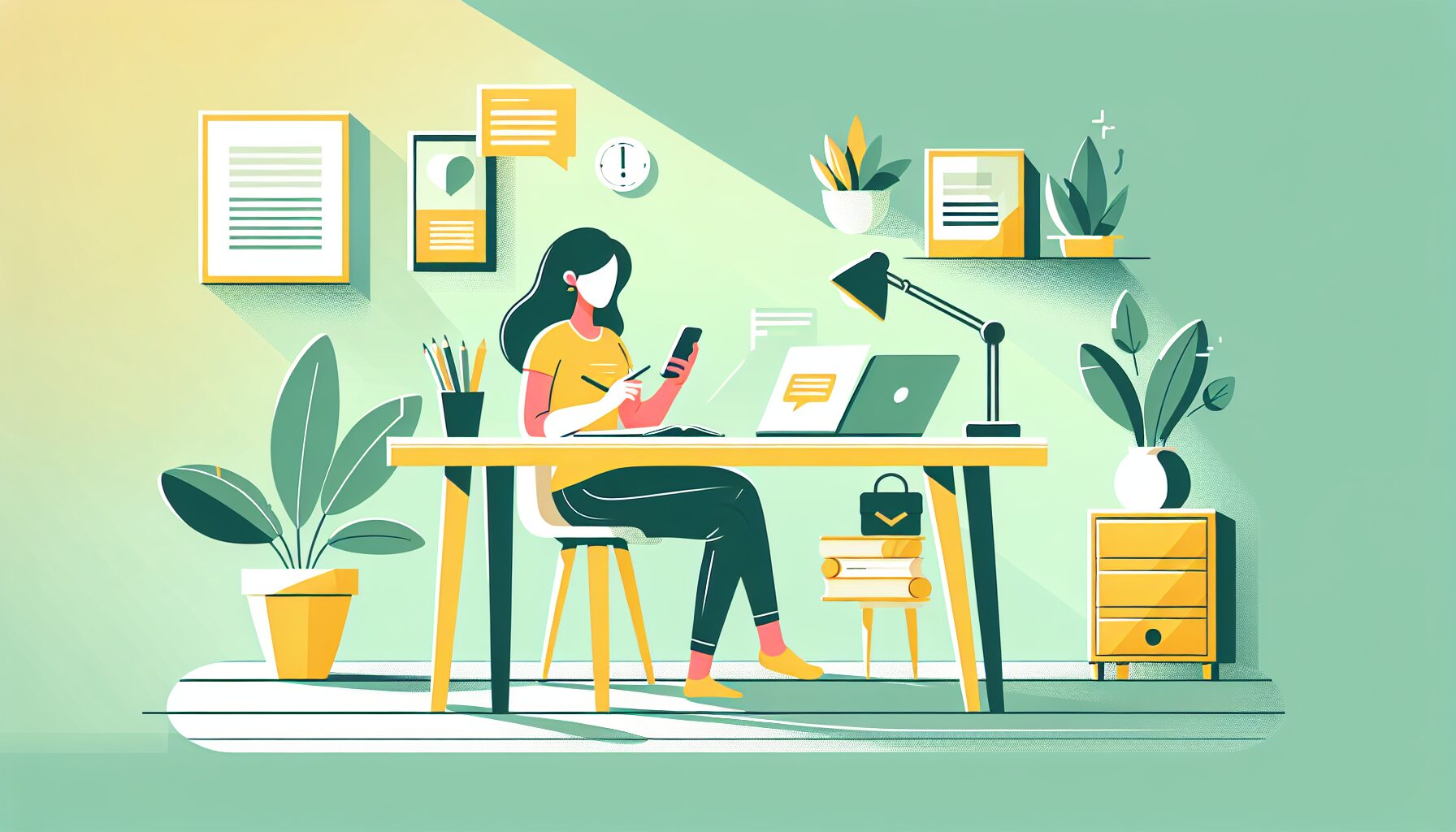 スマートフォンとパソコンを使って自宅で作業する人物のフラットイラスト。リラックスした雰囲気のデスク周り。グリーン・イエロ