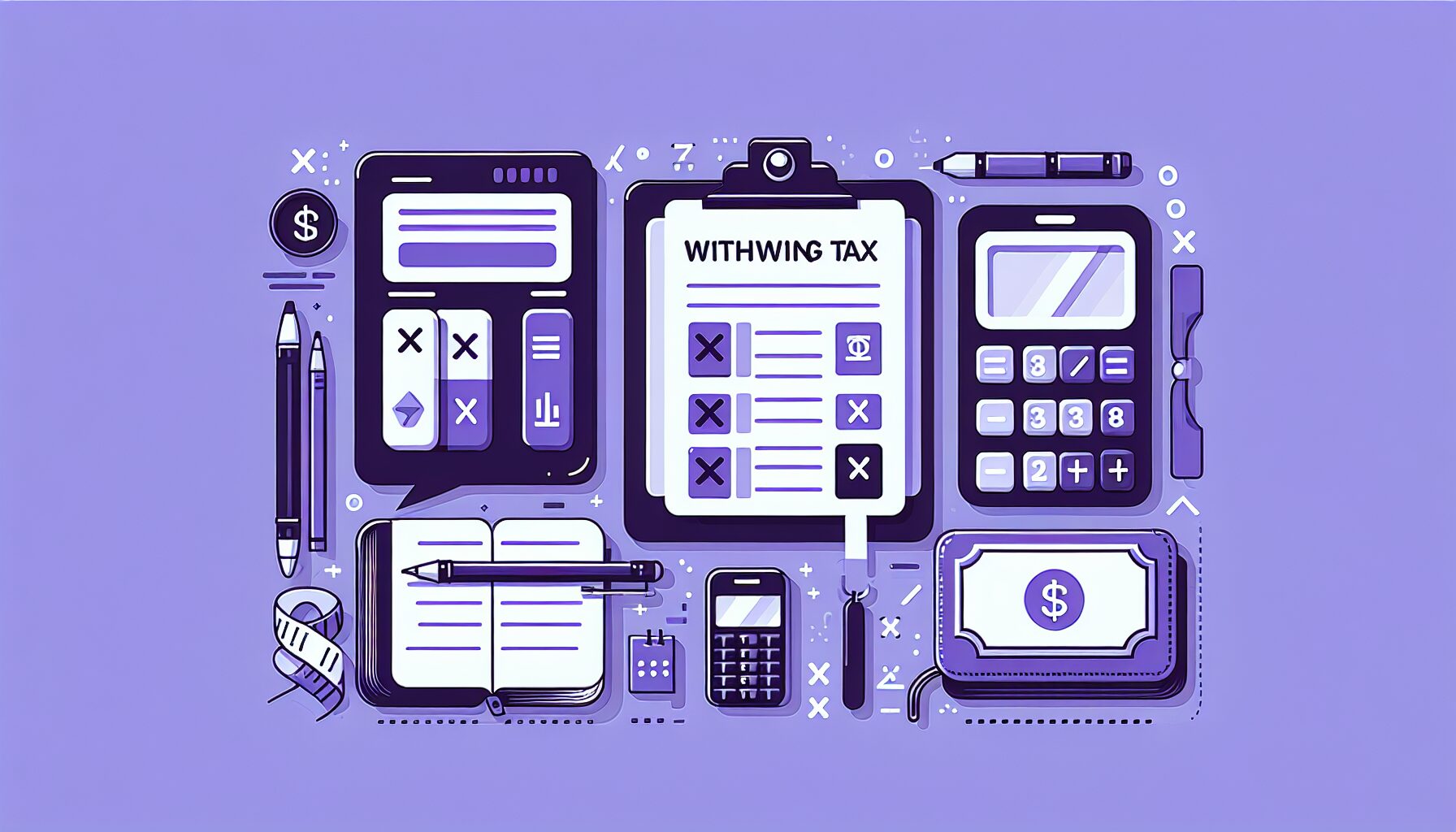 源泉徴収の計算式を電卓とノートで説明するフラットデザインのイラスト、パープル系カラー、テキストなし