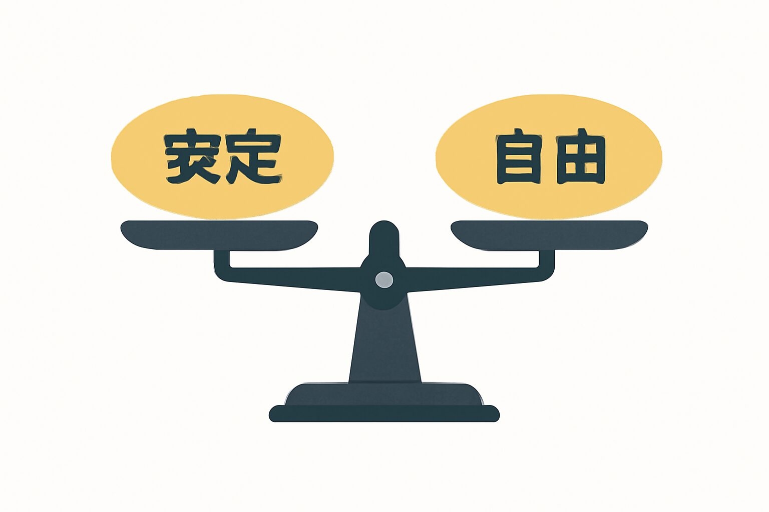 天秤に「安定」と「自由」を乗せたシンプルなフラットイラスト、白背景、テキストなし
