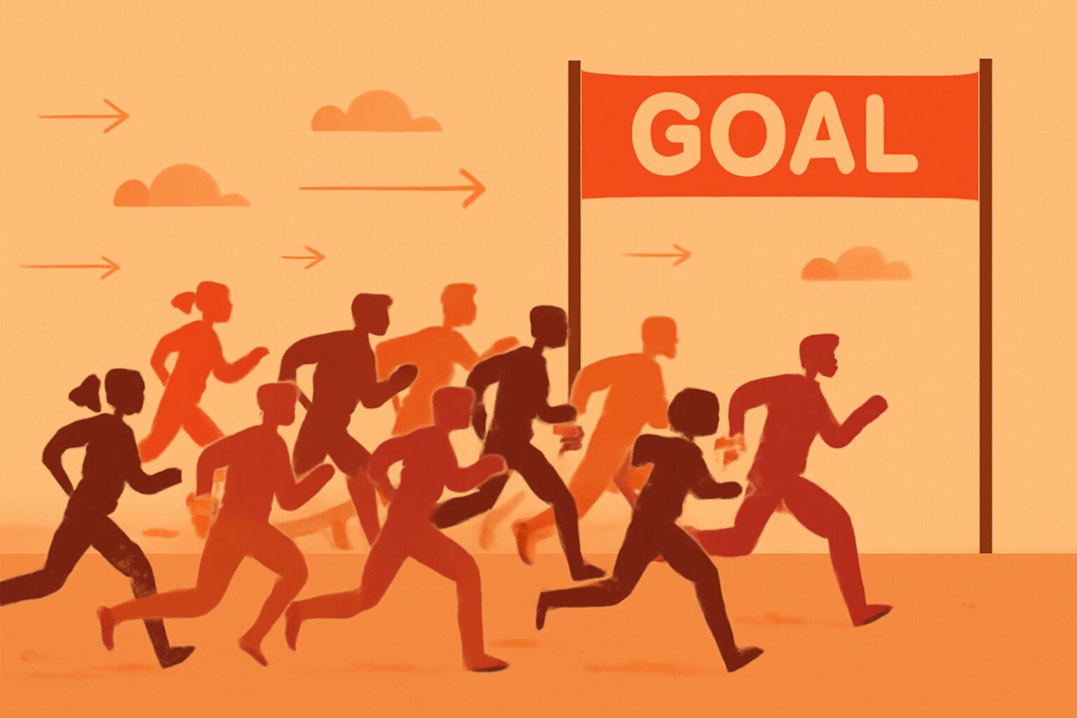 競争が激しいマーケットで多数の人が同じゴールを目指している様子を描いたフラットイラスト、赤とオレンジの配色、テキストなし