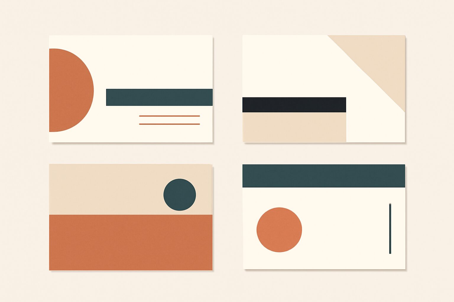 デザインの異なる4種類の名刺サンプルが並んでいるフラットイラスト、それぞれ配色やレイアウトが異なる、モダンでミニマルなス