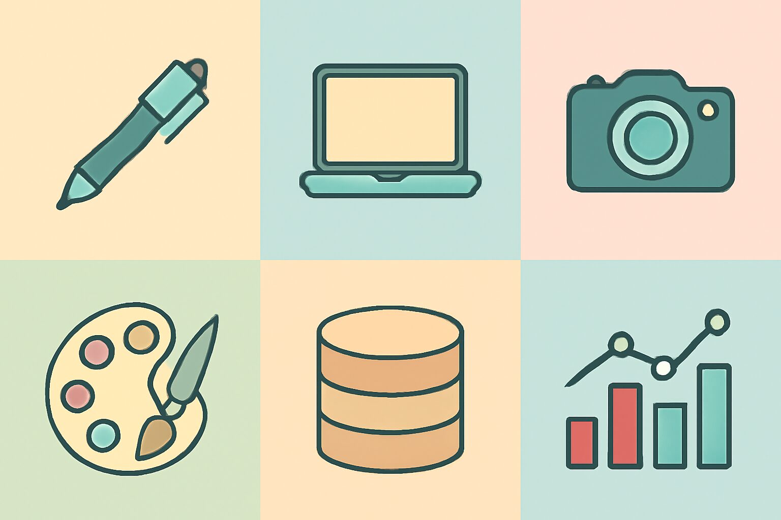 さまざまな職種を表すアイコン（ペン・パソコン・カメラ・パレット・データベース）がグリッド状に並んだフラットイラスト、パス