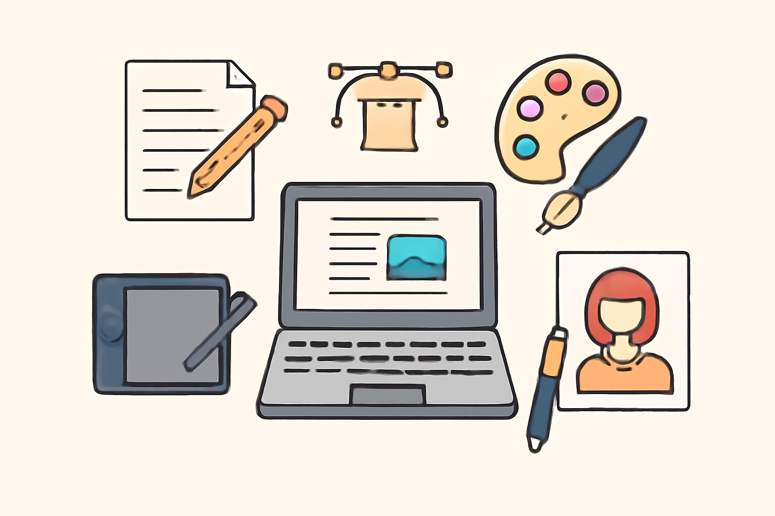 様々なフリーランス職種（ライティング、デザイン、イラスト）をアイコンで表現したフラットイラスト、パソコンを中心に仕事道具