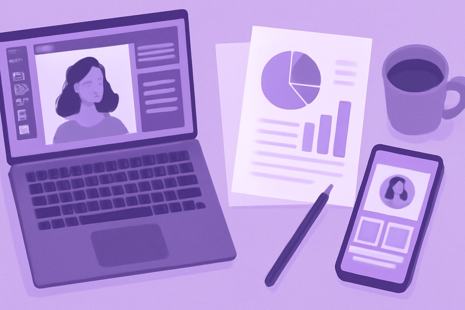 イラスト制作ツール・ビジネス書類・SNS画面が並んだデスク周りのフラットイラスト、パープル系カラー、テキストなし