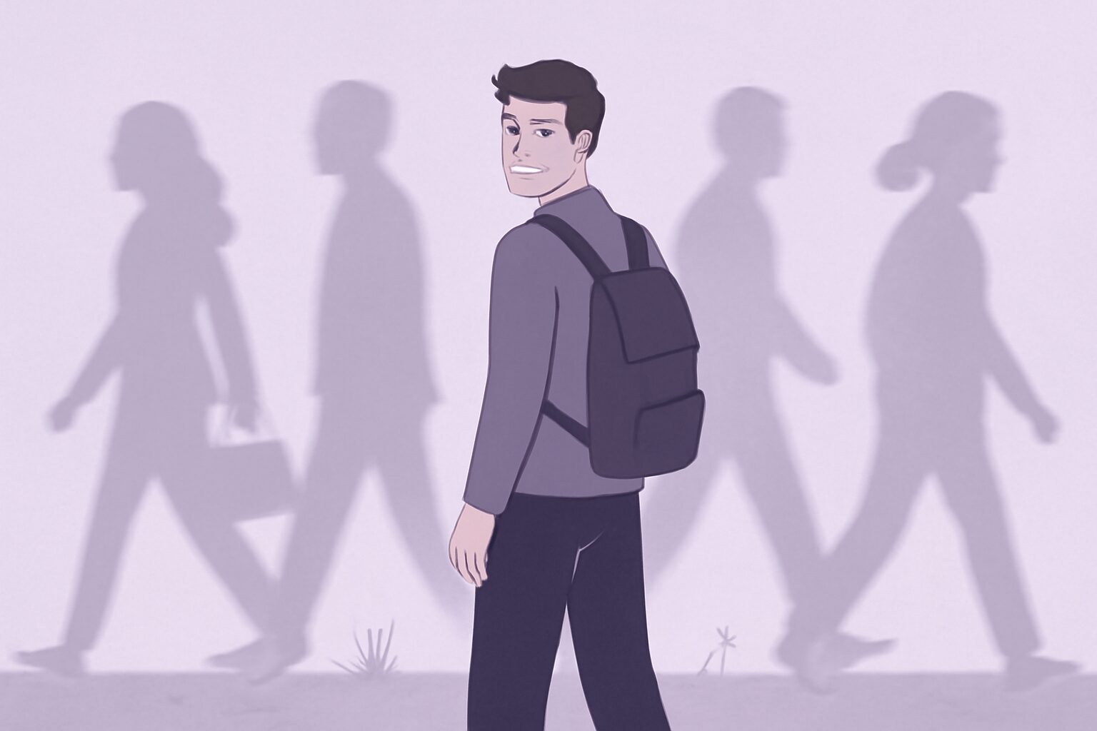 周囲が先に進んでいく中、立ち止まって後ろを振り返る人物のフラットイラスト、パープル・グレー基調、テキストなし