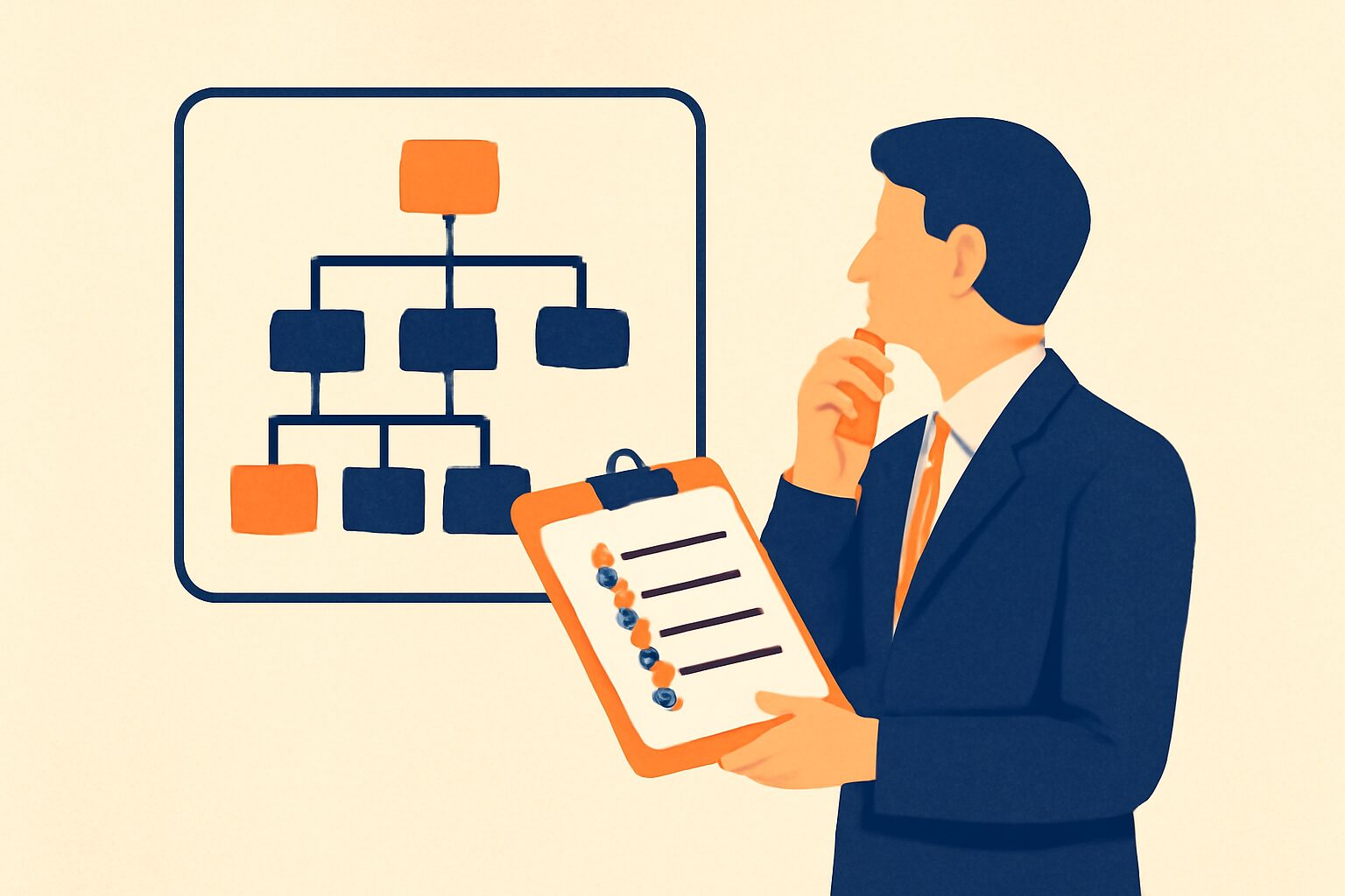 スキルツリーやチェックリストを確認するビジネスパーソンのフラットイラスト、オレンジ・ネイビー系カラー、テキストなし